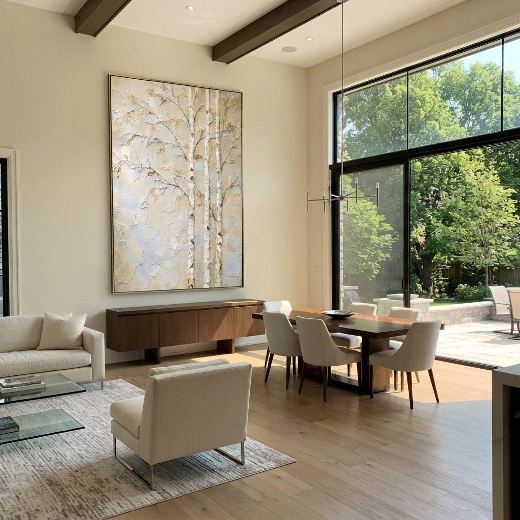This birch tree plaster relief painting uses raised white trunks, slender branches, and muted gold leaves to create a quiet botanical scene. Its neutral beige and ivory surface gives the vertical canvas a soft natural presence for modern interiors.