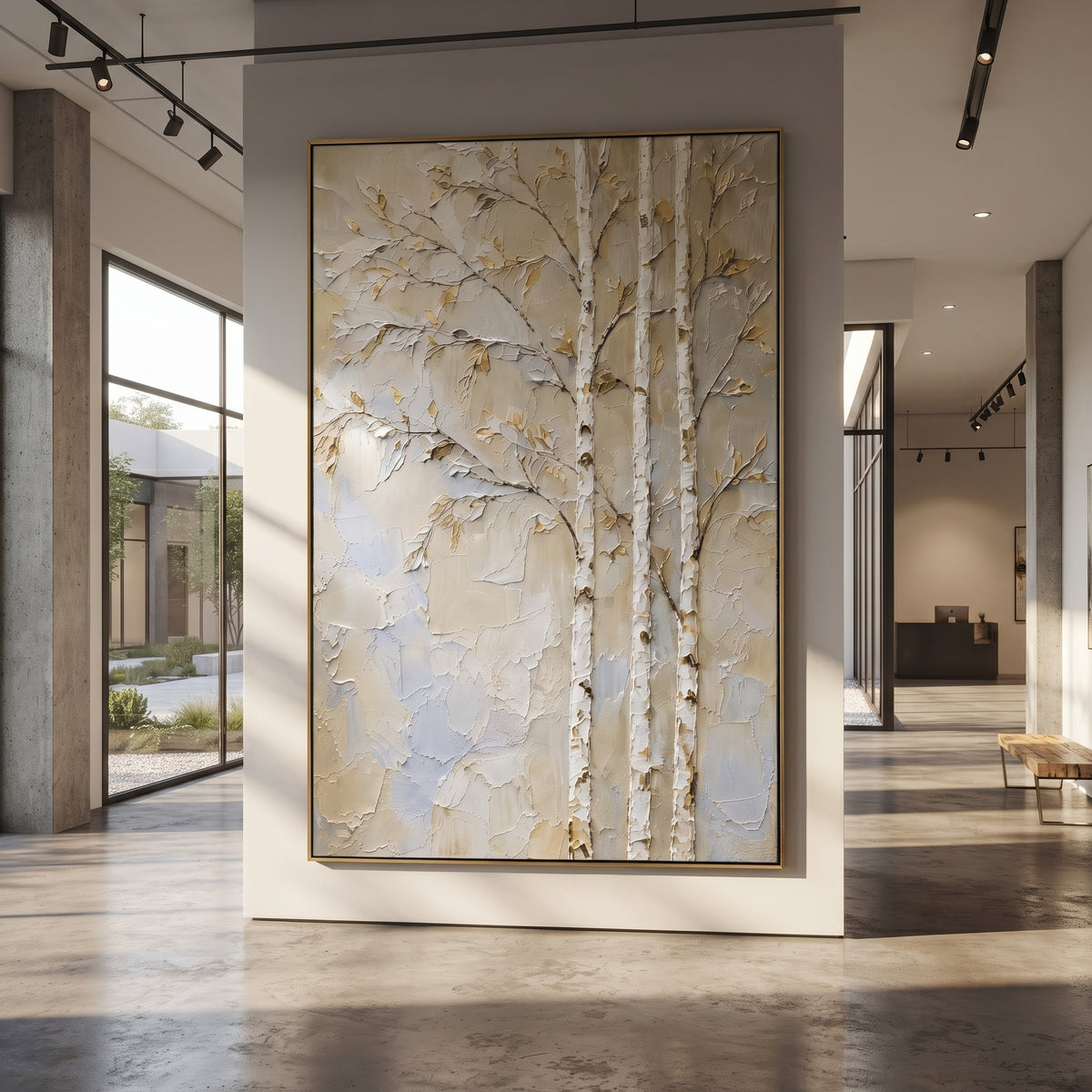 This birch tree plaster relief painting uses raised white trunks, slender branches, and muted gold leaves to create a quiet botanical scene. Its neutral beige and ivory surface gives the vertical canvas a soft natural presence for modern interiors.