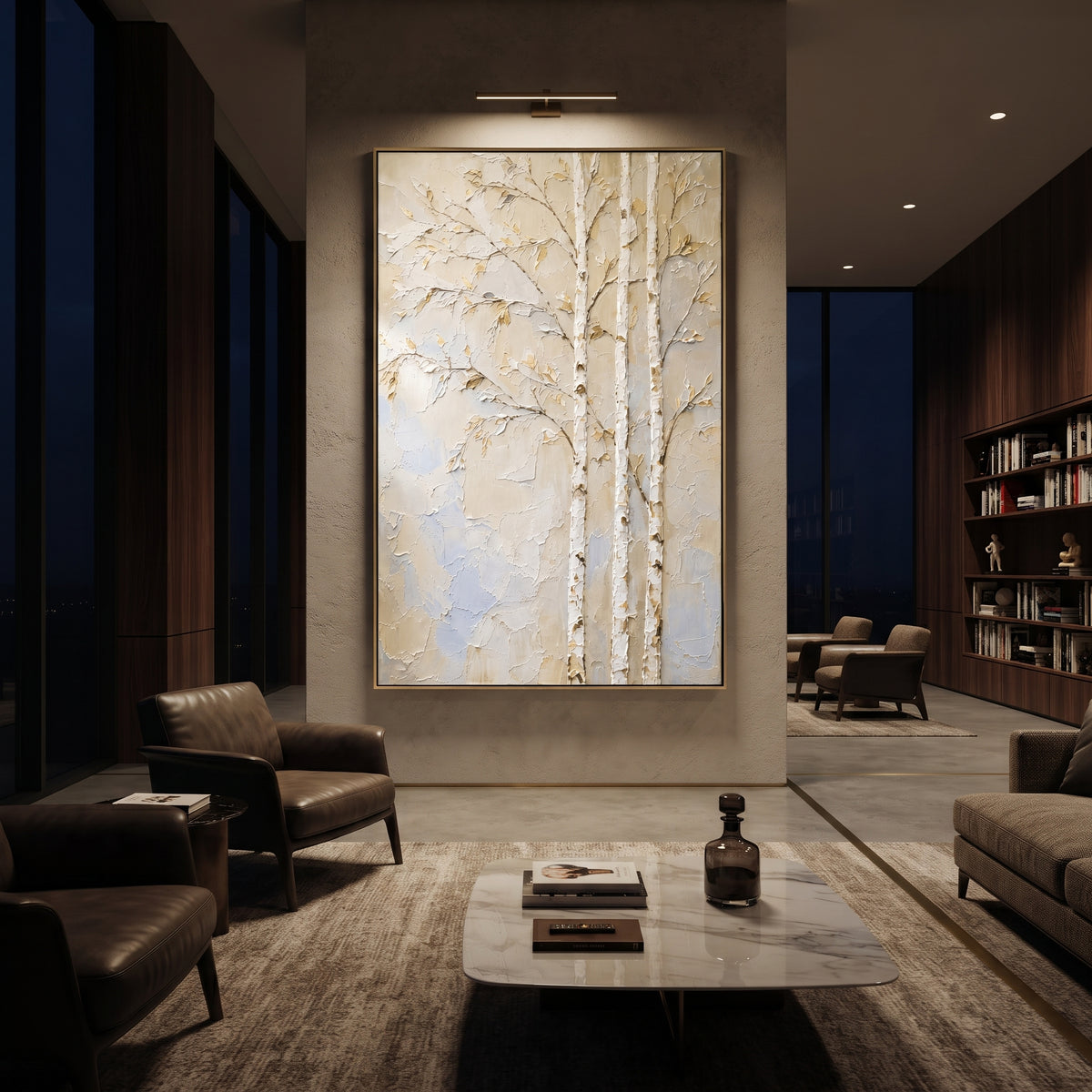 This birch tree plaster relief painting uses raised white trunks, slender branches, and muted gold leaves to create a quiet botanical scene. Its neutral beige and ivory surface gives the vertical canvas a soft natural presence for modern interiors.
