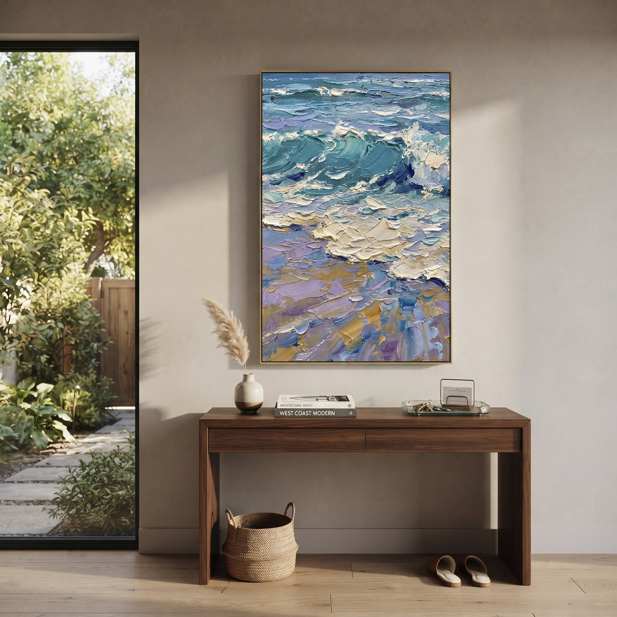 This blue green ocean wave impasto painting is shaped by rolling teal-blue water, thick white surf, lavender shadows, and sandy accents. The raised palette-knife surface gives the vertical seascape energetic coastal movement.