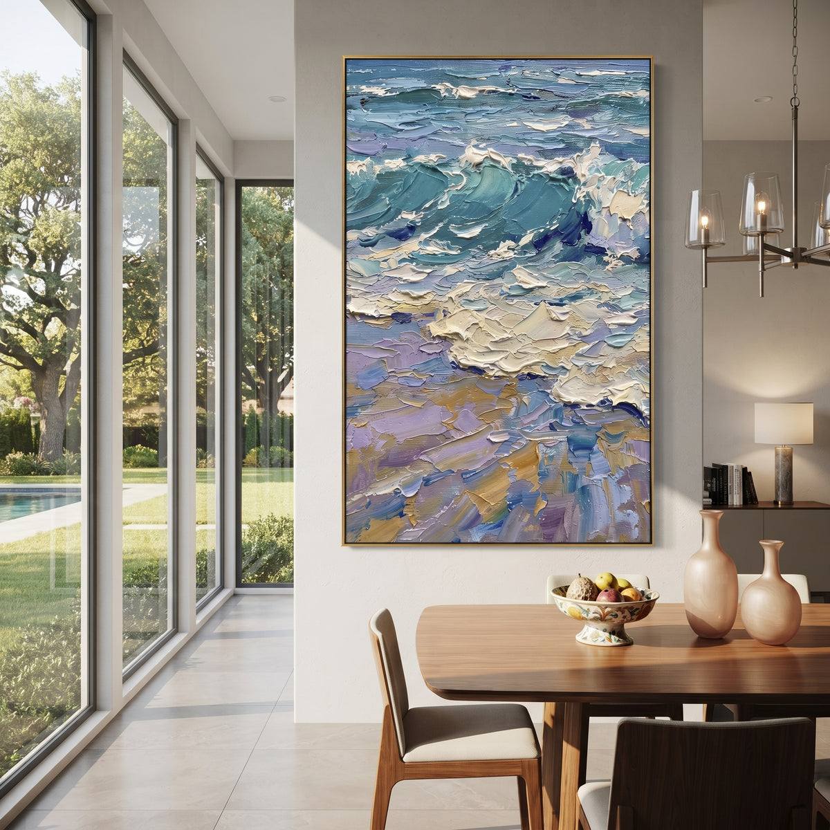 This blue green ocean wave impasto painting is shaped by rolling teal-blue water, thick white surf, lavender shadows, and sandy accents. The raised palette-knife surface gives the vertical seascape energetic coastal movement.
