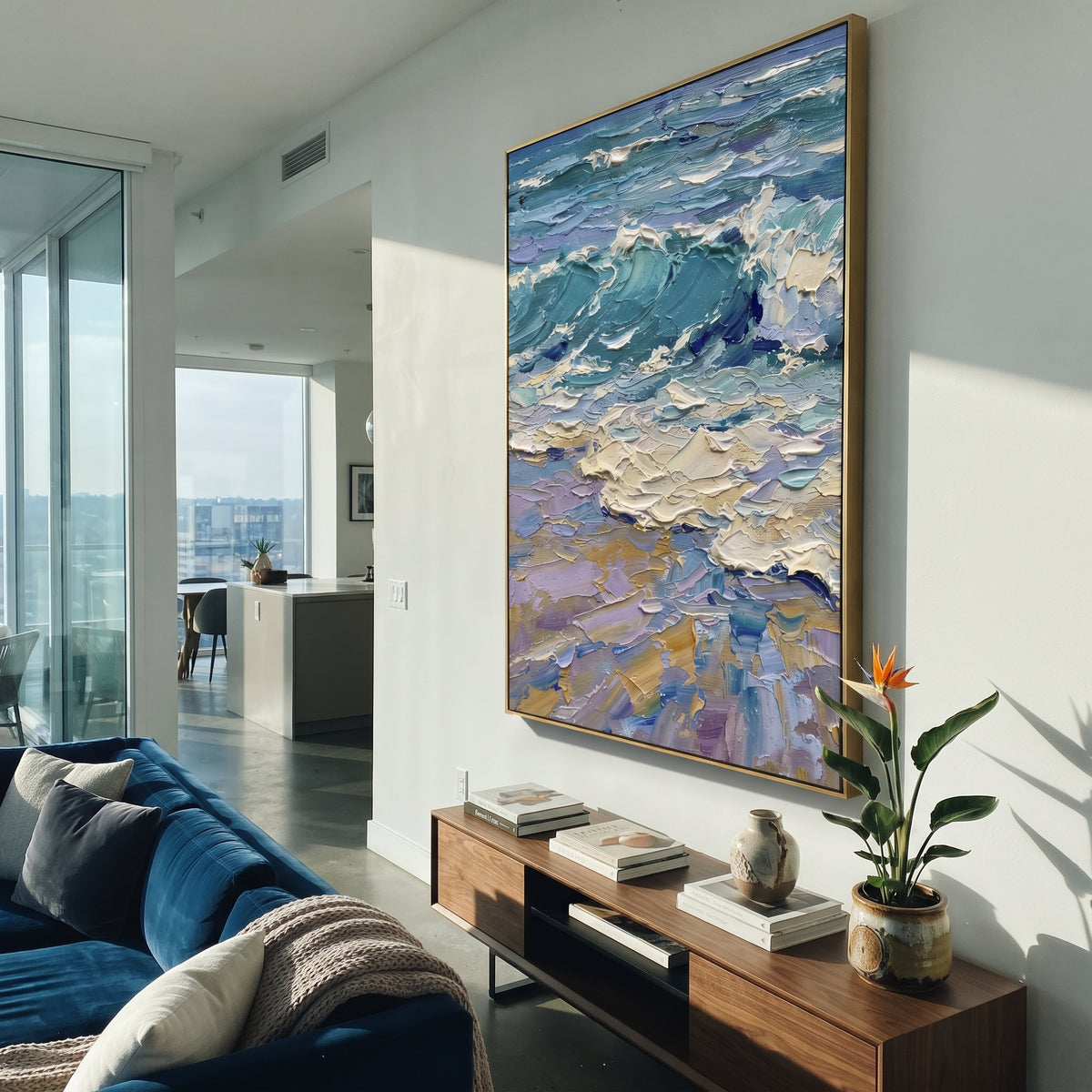 This blue green ocean wave impasto painting is shaped by rolling teal-blue water, thick white surf, lavender shadows, and sandy accents. The raised palette-knife surface gives the vertical seascape energetic coastal movement.