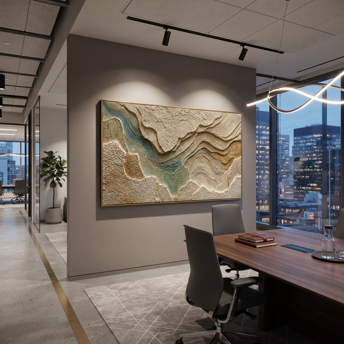 This topographic plaster relief painting uses raised earth-toned plates, carved contour lines, and muted teal passages to suggest a terrain map or river valley. Its panoramic format gives the sculptural abstract surface a wide architectural presence.