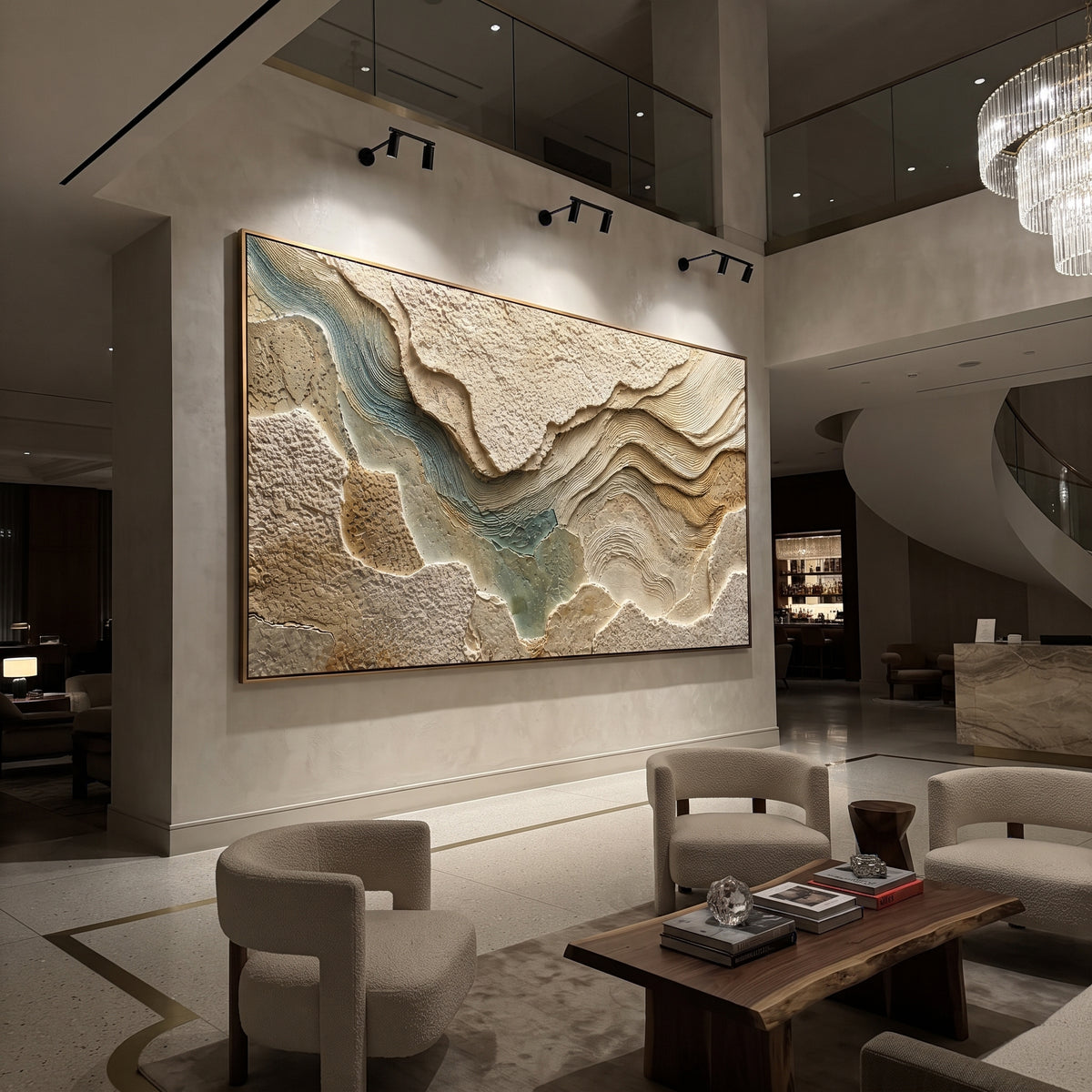 This topographic plaster relief painting uses raised earth-toned plates, carved contour lines, and muted teal passages to suggest a terrain map or river valley. Its panoramic format gives the sculptural abstract surface a wide architectural presence.