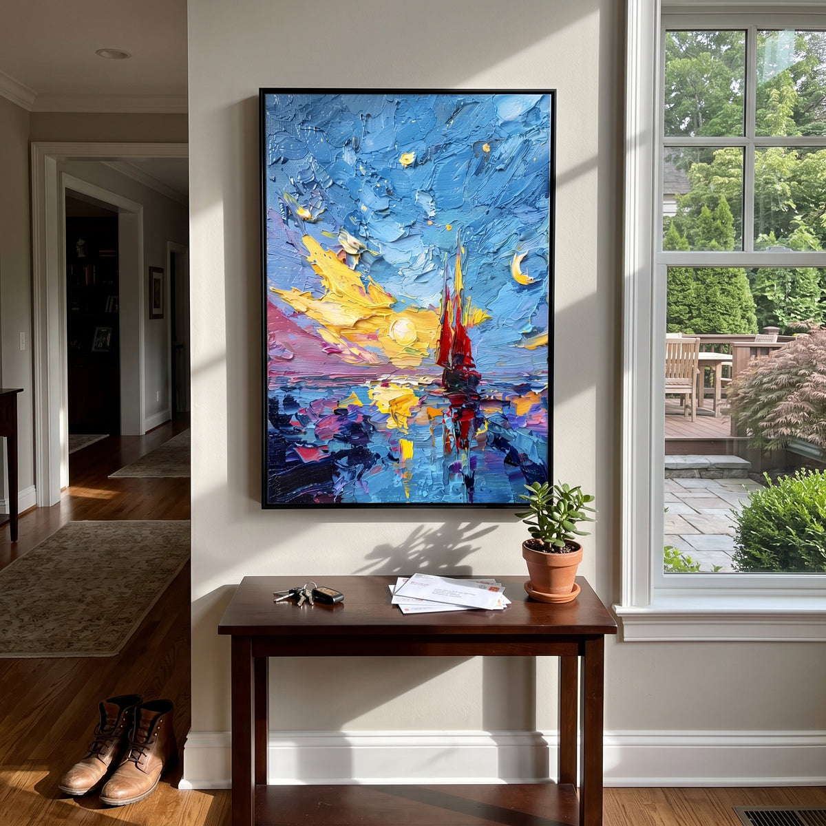 This red sailboat sunset impasto painting pairs a small red sailboat with vivid blue sky, golden light, and colorful reflected water. Heavy palette-knife texture gives the scene a bright handmade coastal energy.