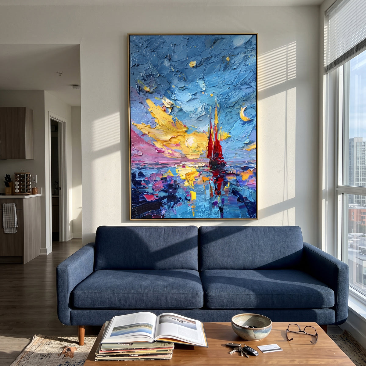 This red sailboat sunset impasto painting pairs a small red sailboat with vivid blue sky, golden light, and colorful reflected water. Heavy palette-knife texture gives the scene a bright handmade coastal energy.