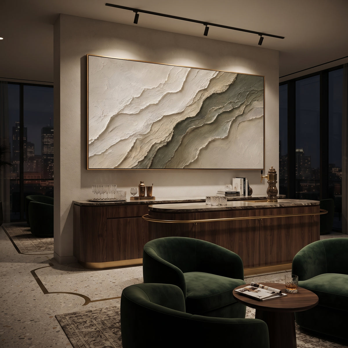 This neutral stratified plaster relief painting uses layered ivory and grey-brown ridges to suggest carved stone strata or quiet terrain. Its wide format and raised handmade texture create a restrained sculptural focal point for modern interiors.