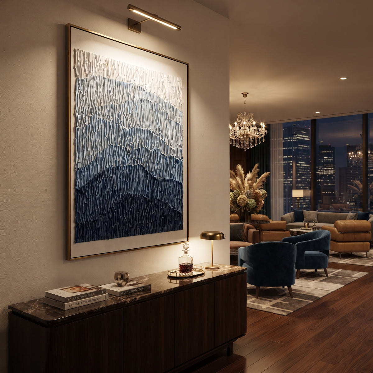 This blue mountain gradient relief painting uses stacked blue bands and vertical combed plaster texture to suggest distant mountains, glaciers, or rolling terrain. Its restrained blue-white palette gives the vertical canvas a calm architectural presence.
