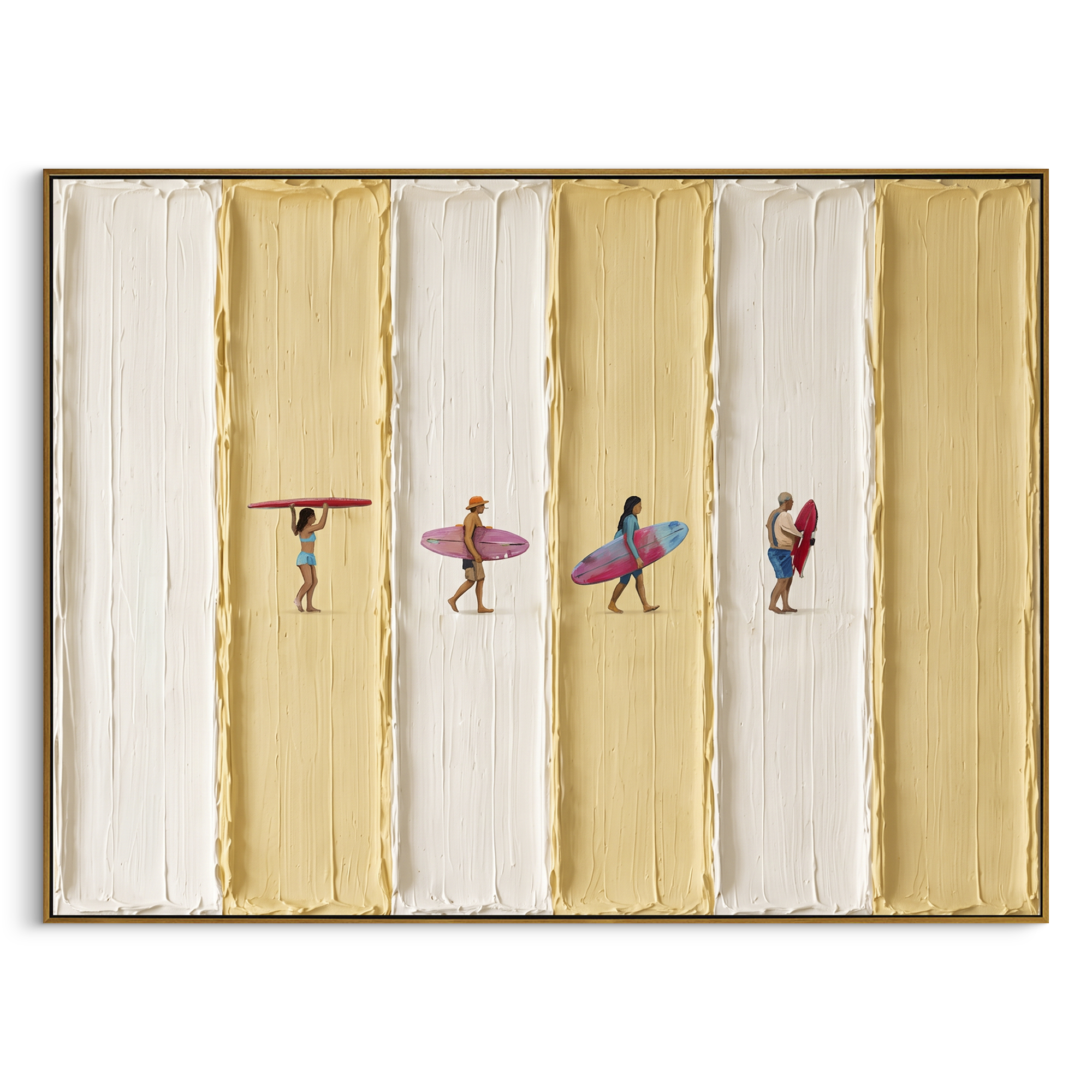 This striped surfer beach relief painting pairs raised ivory and yellow plaster bands with a row of tiny beach figures carrying colorful surfboards. The wide format brings a playful coastal rhythm while preserving a handmade textured surface.