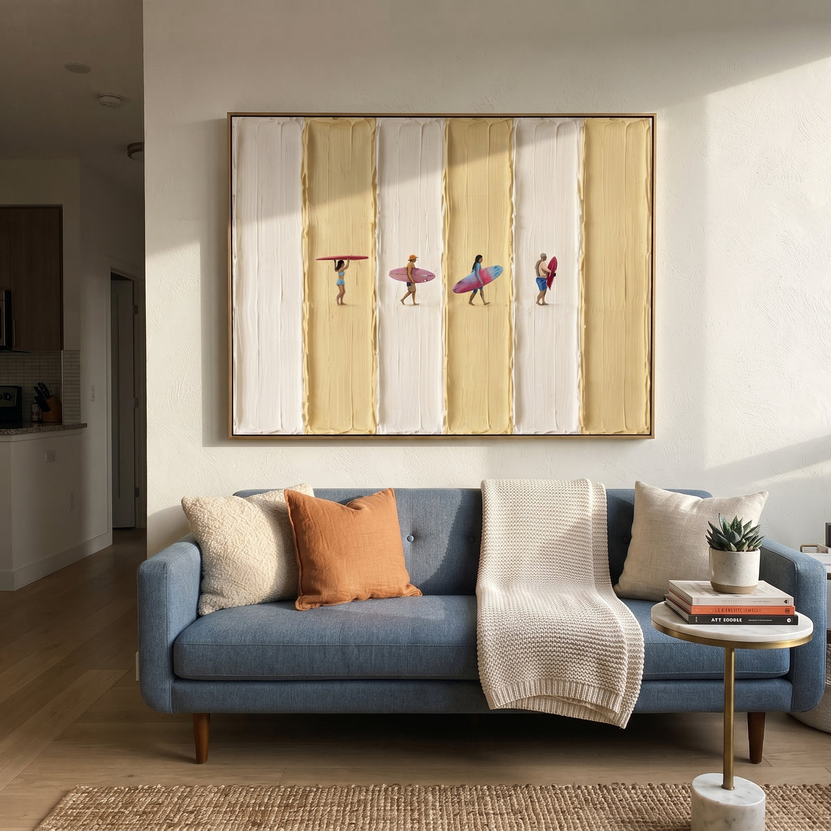 This striped surfer beach relief painting pairs raised ivory and yellow plaster bands with a row of tiny beach figures carrying colorful surfboards. The wide format brings a playful coastal rhythm while preserving a handmade textured surface.