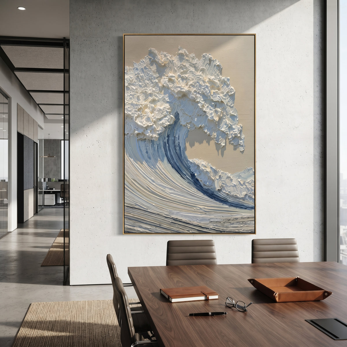 This blue white curling wave relief painting captures a sculptural ocean wave with raised foam and combed blue water. Its vertical composition gives the seascape a dramatic coastal presence while the palette remains clean and refined.