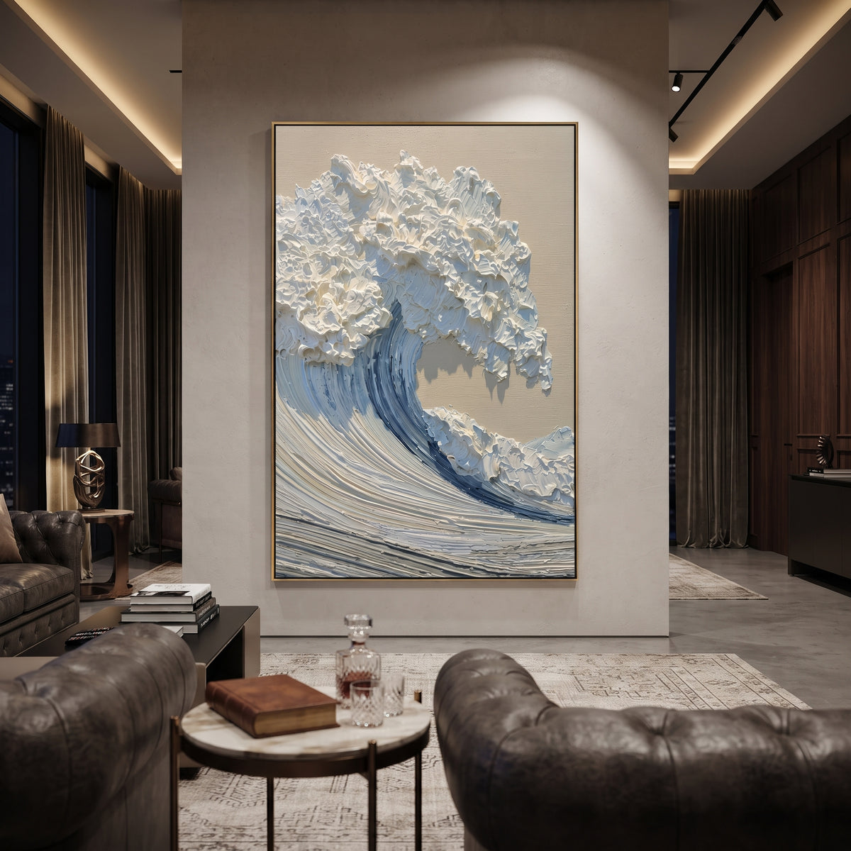 This blue white curling wave relief painting captures a sculptural ocean wave with raised foam and combed blue water. Its vertical composition gives the seascape a dramatic coastal presence while the palette remains clean and refined.
