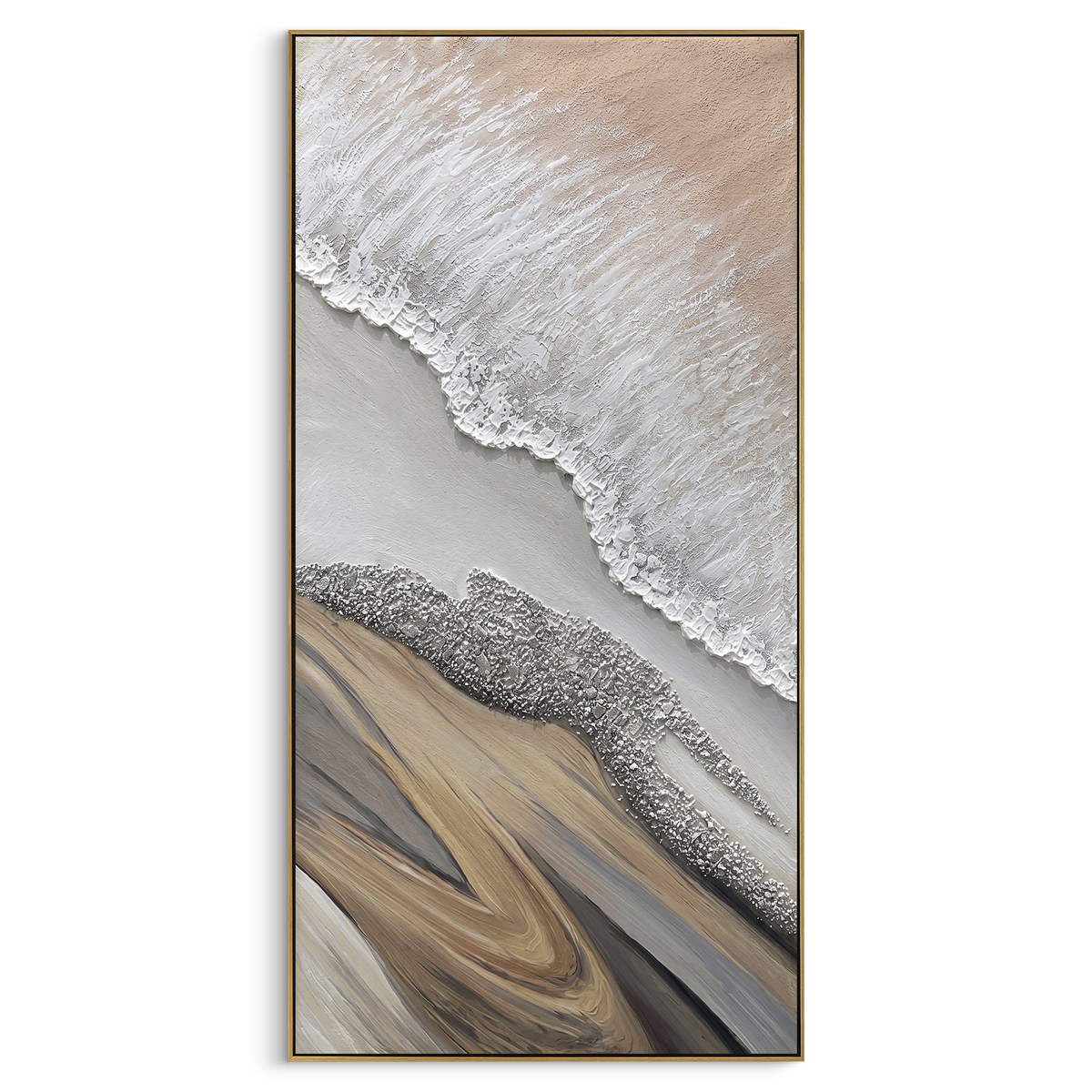This abstract shoreline relief painting uses white raised ridges, grey passages, and sandy beige forms to suggest a quiet coast from above. The vertical format and tactile plaster surface make the piece calm, natural, and architectural.