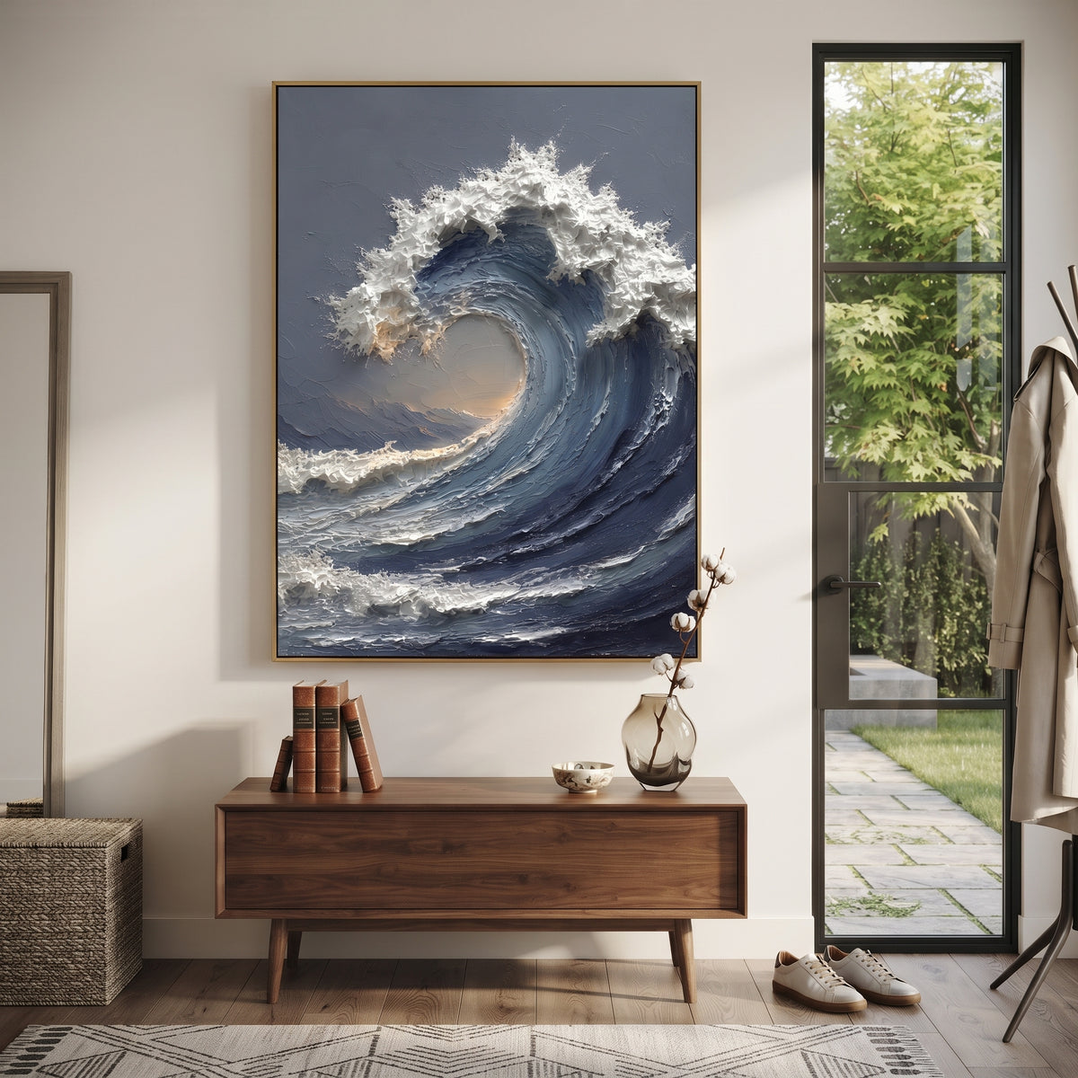 Storm Blue Ocean Wave Relief focuses on this hand-painted vertical textured canvas features a powerful curling ocean wave in deep blue and grey, with raised white foam and warm light inside the breaking wave. The composition is described from the actual main image, so the visible subject, color balance, spacing, and surface movement stay specific to this product instead of reading like a batch title. Raised palette-knife layers, sculpted impasto ridges, softened brush transitions, and tactile