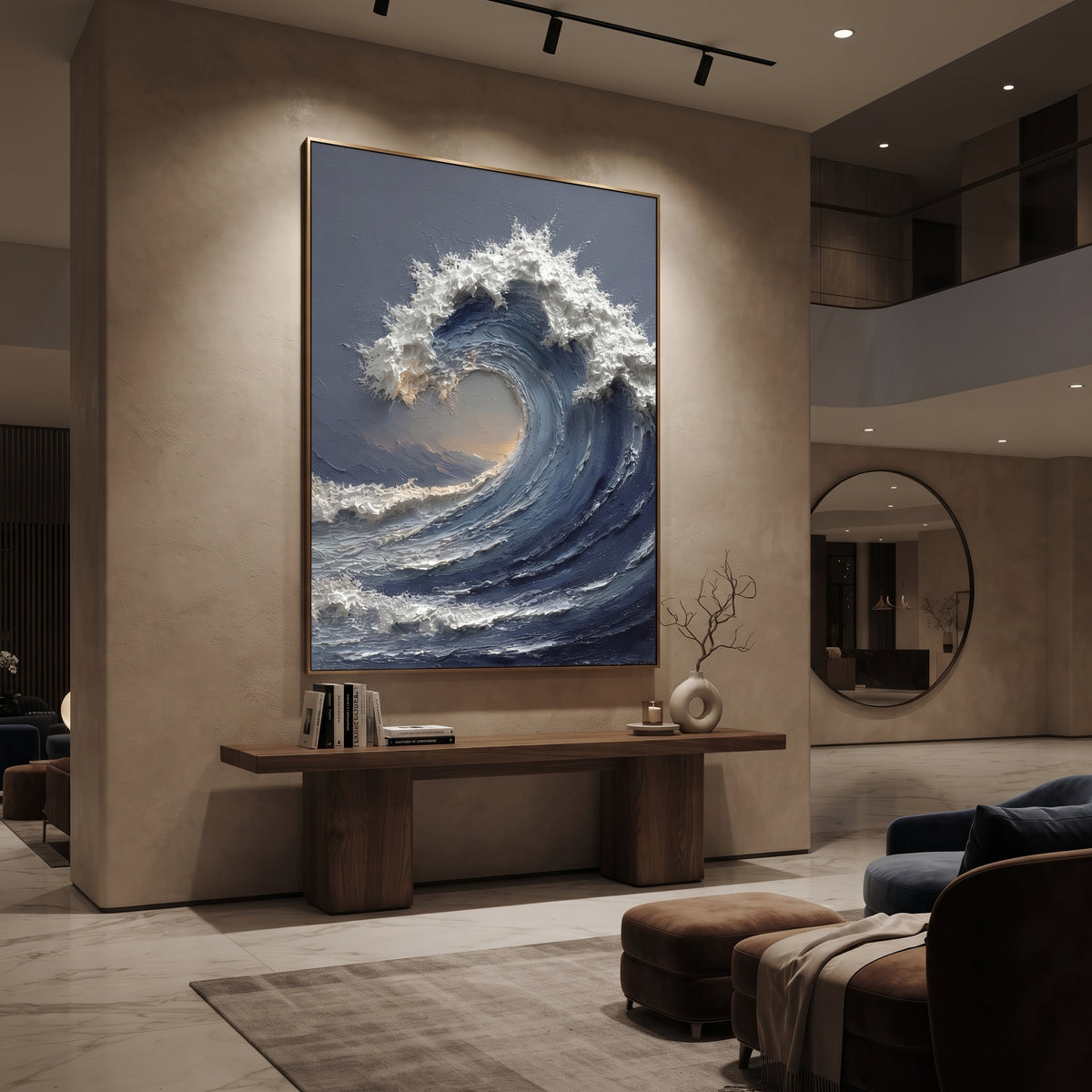 Storm Blue Ocean Wave Relief focuses on this hand-painted vertical textured canvas features a powerful curling ocean wave in deep blue and grey, with raised white foam and warm light inside the breaking wave. The composition is described from the actual main image, so the visible subject, color balance, spacing, and surface movement stay specific to this product instead of reading like a batch title. Raised palette-knife layers, sculpted impasto ridges, softened brush transitions, and tactile