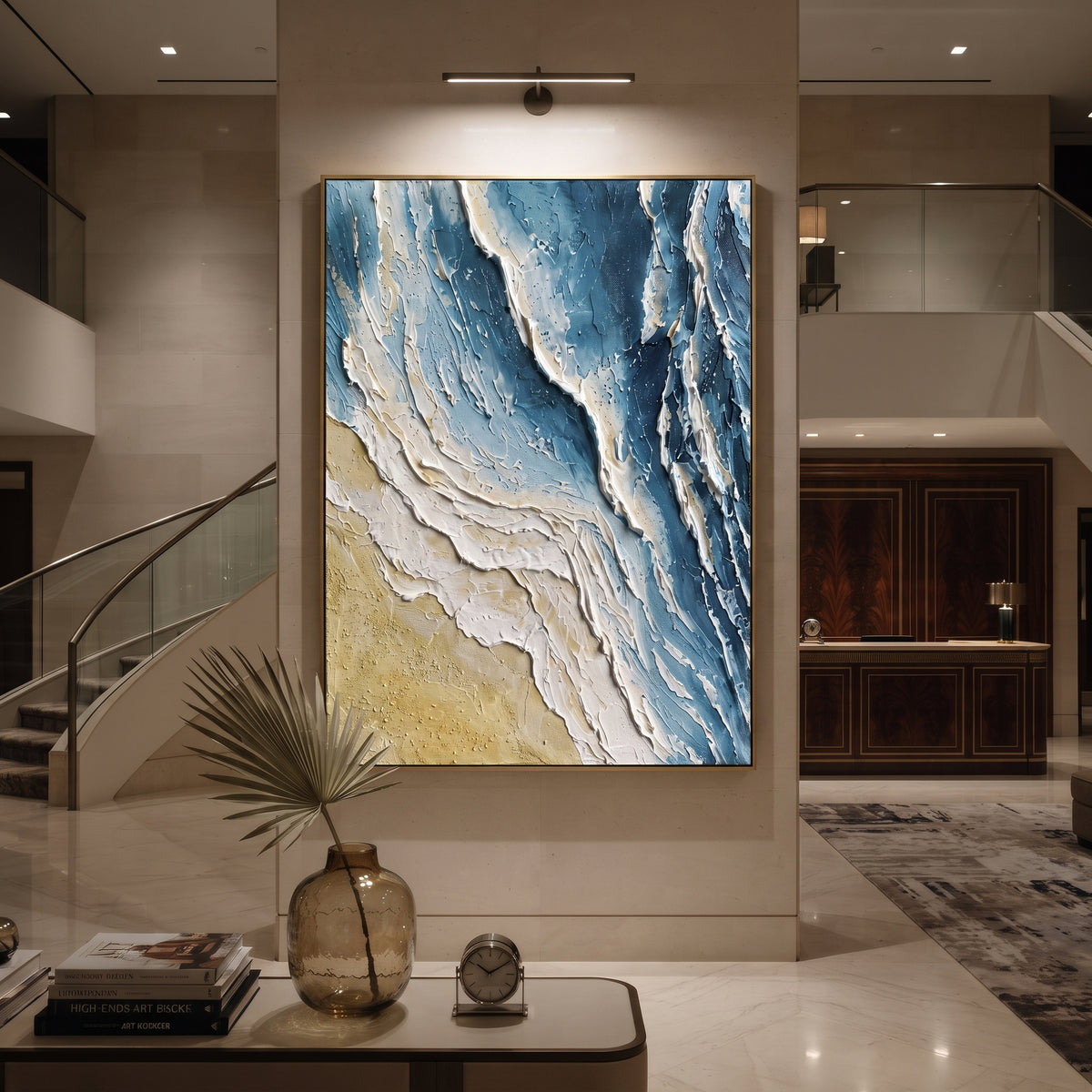 Blue Shoreline Plaster Relief focuses on this hand-painted vertical textured canvas features blue and white shoreline forms, sandy beige texture, and layered plaster strokes that suggest surf meeting the beach from an abstract aerial view. The composition is described from the actual main image, so the visible subject, color balance, spacing, and surface movement stay specific to this product instead of reading like a batch title. Raised palette-knife layers, sculpted impasto ridges, softened