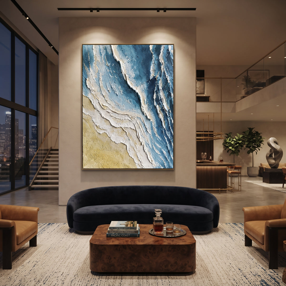 Blue Shoreline Plaster Relief focuses on this hand-painted vertical textured canvas features blue and white shoreline forms, sandy beige texture, and layered plaster strokes that suggest surf meeting the beach from an abstract aerial view. The composition is described from the actual main image, so the visible subject, color balance, spacing, and surface movement stay specific to this product instead of reading like a batch title. Raised palette-knife layers, sculpted impasto ridges, softened
