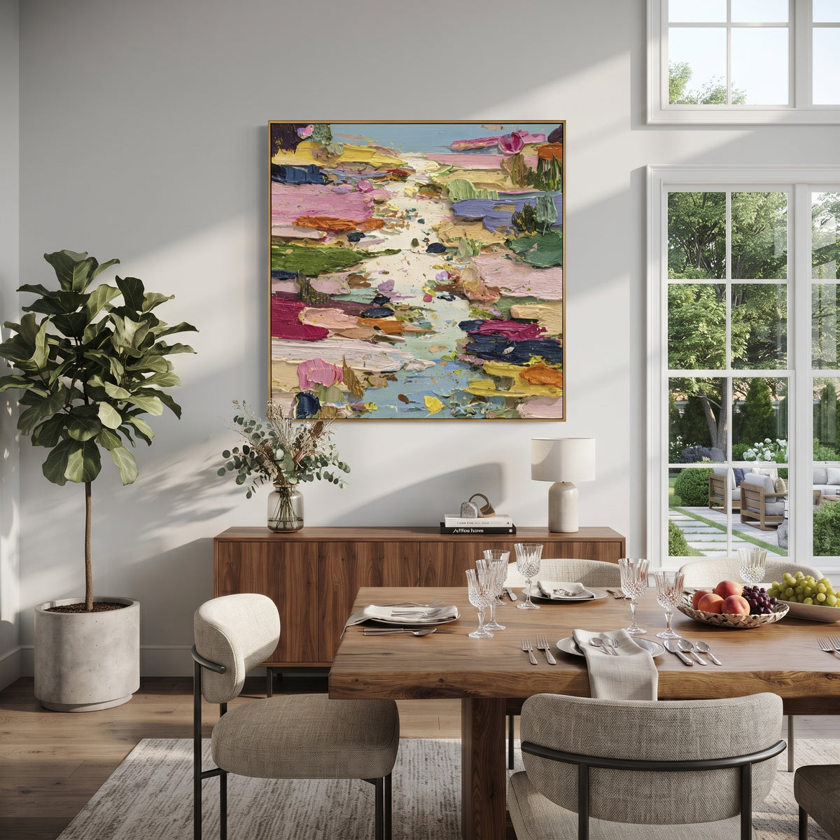 Colorful Lily Pond Impasto focuses on this hand-painted square textured canvas presents a colorful lily pond abstraction with pink blossoms, green pads, blue water, yellow and orange accents, and thick expressive impasto texture. The composition is described from the actual main image, so the visible subject, color balance, spacing, and surface movement stay specific to this product instead of reading like a batch title. Raised palette-knife layers, sculpted impasto ridges, softened brush