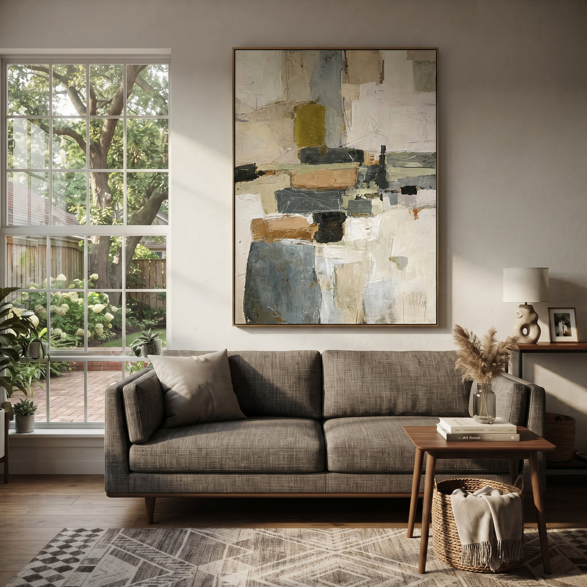 Neutral Geometric Block Relief focuses on this hand-painted vertical textured canvas features layered neutral geometric blocks, ivory ground, grey panels, black accents, tan passages, and fine scratched linework. The composition is described from the actual main image, so the visible subject, color balance, spacing, and surface movement stay specific to this product instead of reading like a batch title. Raised palette-knife layers, sculpted impasto ridges, softened brush transitions, and