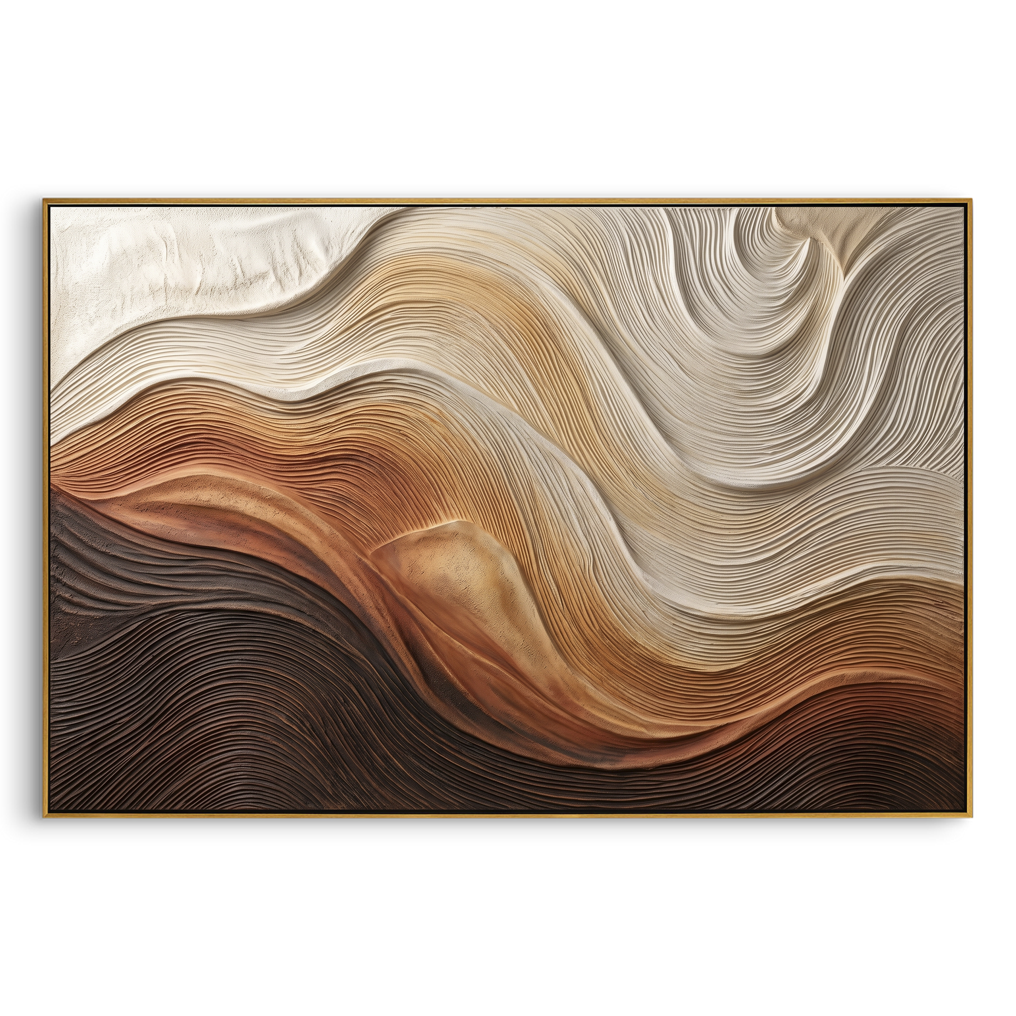 Warm Sand Dune Relief focuses on this hand-painted horizontal textured canvas features flowing carved contour lines in warm brown, tan, ivory, and black, forming a dune-like abstract terrain with sculptural plaster depth. The composition is described from the actual main image, so the visible subject, color balance, spacing, and surface movement stay specific to this product instead of reading like a batch title. Raised palette-knife layers, sculpted impasto ridges, softened brush transitions