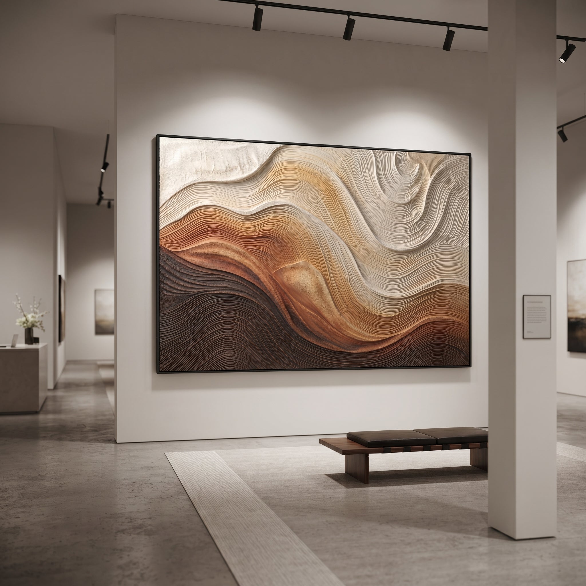 Warm Sand Dune Relief focuses on this hand-painted horizontal textured canvas features flowing carved contour lines in warm brown, tan, ivory, and black, forming a dune-like abstract terrain with sculptural plaster depth. The composition is described from the actual main image, so the visible subject, color balance, spacing, and surface movement stay specific to this product instead of reading like a batch title. Raised palette-knife layers, sculpted impasto ridges, softened brush transitions