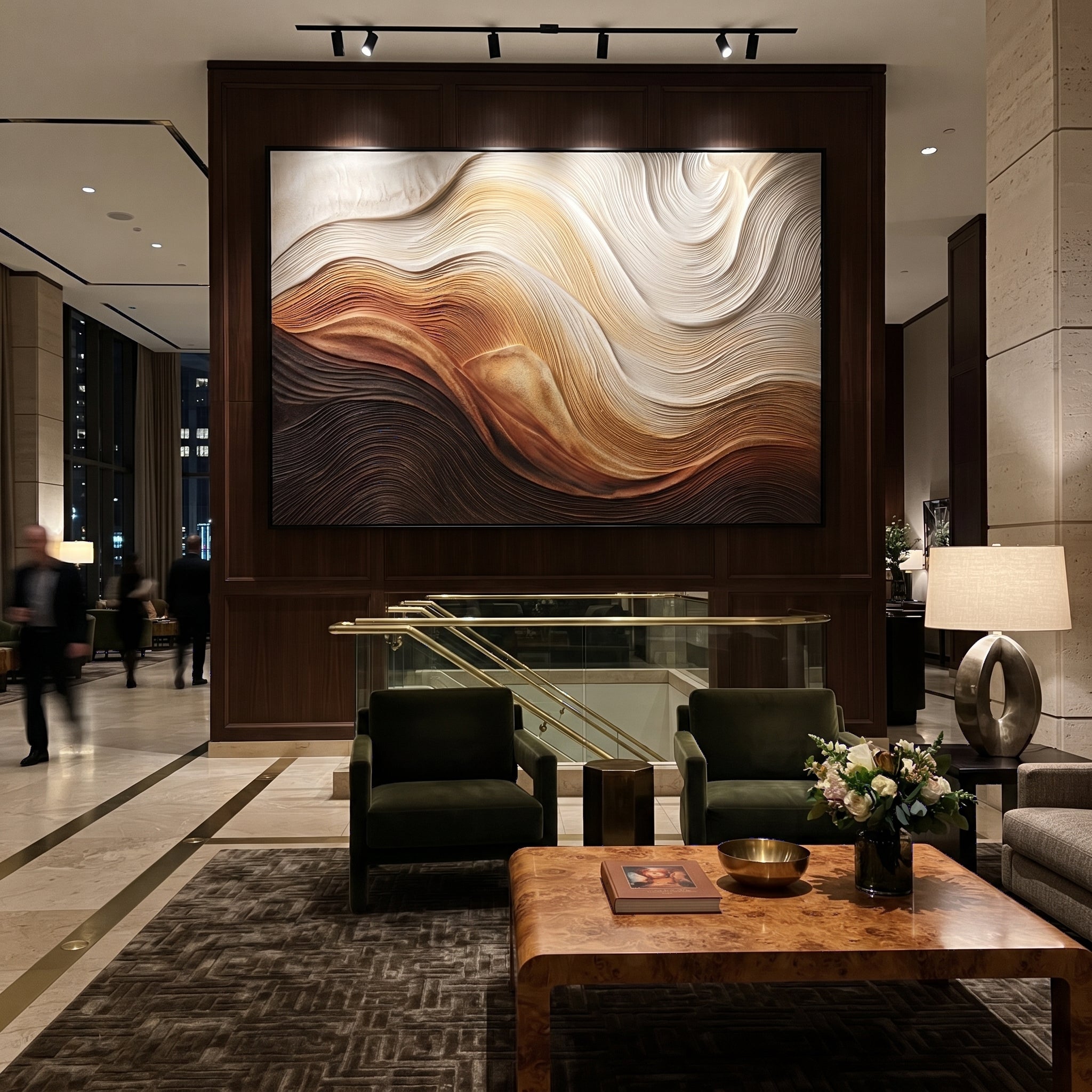 Warm Sand Dune Relief focuses on this hand-painted horizontal textured canvas features flowing carved contour lines in warm brown, tan, ivory, and black, forming a dune-like abstract terrain with sculptural plaster depth. The composition is described from the actual main image, so the visible subject, color balance, spacing, and surface movement stay specific to this product instead of reading like a batch title. Raised palette-knife layers, sculpted impasto ridges, softened brush transitions