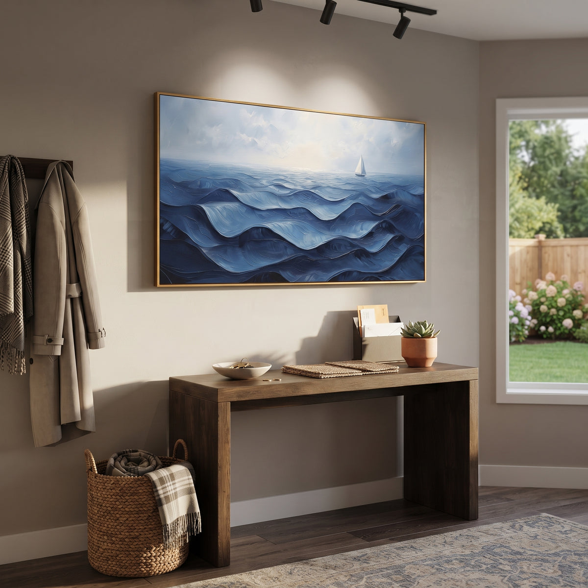 Blue Sailboat Ocean Relief focuses on this hand-painted panoramic textured canvas presents layered blue ocean waves under a pale sky, with a small white sailboat near the horizon and softly raised impasto water movement. The composition is described from the actual main image, so the visible subject, color balance, spacing, and surface movement stay specific to this product instead of reading like a batch title. Raised palette-knife layers, sculpted impasto ridges, softened brush transitions