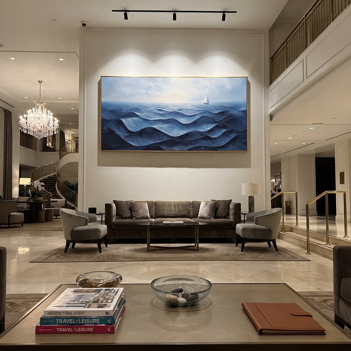 Blue Sailboat Ocean Relief focuses on this hand-painted panoramic textured canvas presents layered blue ocean waves under a pale sky, with a small white sailboat near the horizon and softly raised impasto water movement. The composition is described from the actual main image, so the visible subject, color balance, spacing, and surface movement stay specific to this product instead of reading like a batch title. Raised palette-knife layers, sculpted impasto ridges, softened brush transitions