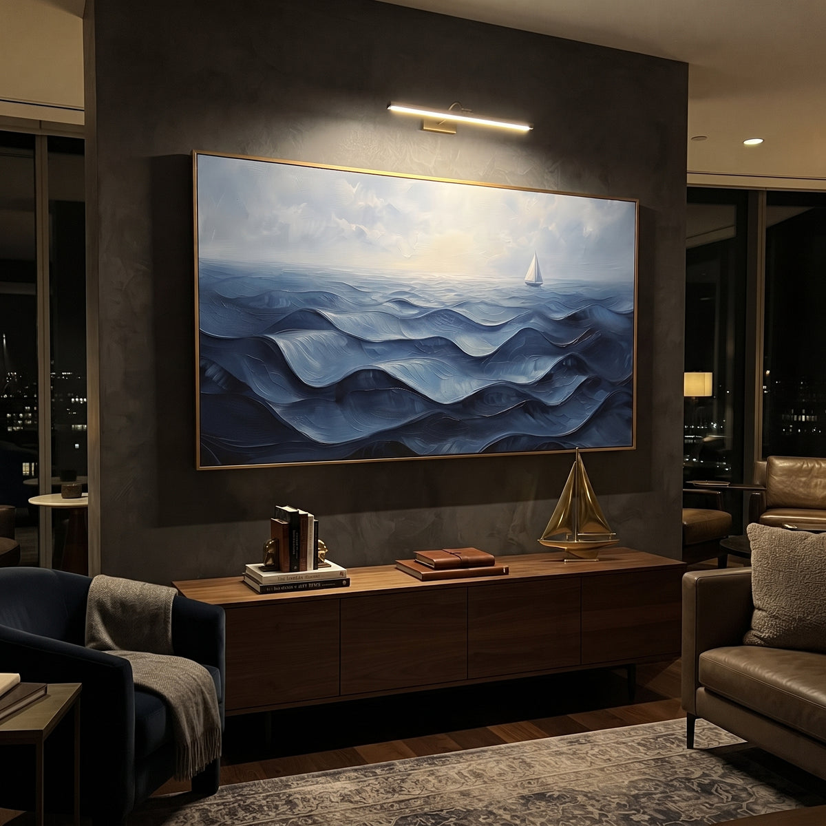Blue Sailboat Ocean Relief focuses on this hand-painted panoramic textured canvas presents layered blue ocean waves under a pale sky, with a small white sailboat near the horizon and softly raised impasto water movement. The composition is described from the actual main image, so the visible subject, color balance, spacing, and surface movement stay specific to this product instead of reading like a batch title. Raised palette-knife layers, sculpted impasto ridges, softened brush transitions