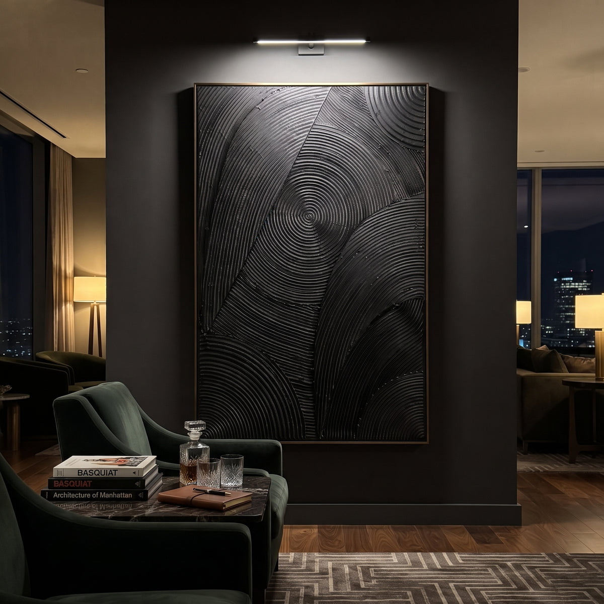 Black Concentric Line Relief focuses on this hand-painted vertical textured canvas features a monochrome black surface with carved concentric arcs, geometric panels, and raised linear relief that creates a refined modern pattern. The composition is described from the actual main image, so the visible subject, color balance, spacing, and surface movement stay specific to this product instead of reading like a batch title. Raised palette-knife layers, sculpted impasto ridges, softened brush