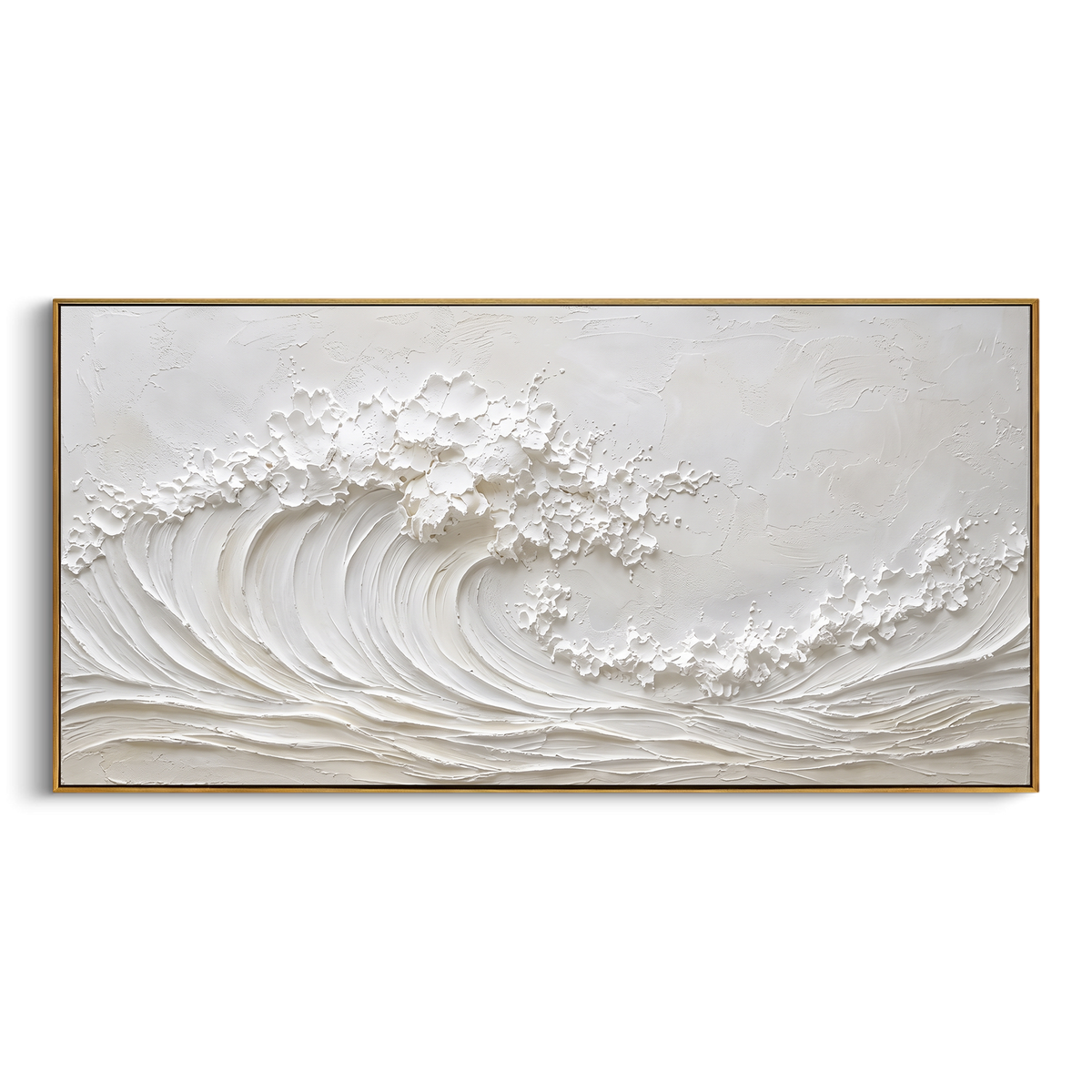 White Rolling Wave Relief focuses on this hand-painted panoramic textured canvas features an all-white curling ocean wave with raised foam, combed surf lines, and minimalist plaster texture across a calm neutral surface. The title and description are matched to the actual main image, so the visible subject, color balance, spacing, and surface movement stay specific to this product instead of using a repeated batch phrase. Raised palette-knife layers, sculpted impasto ridges, softened brush