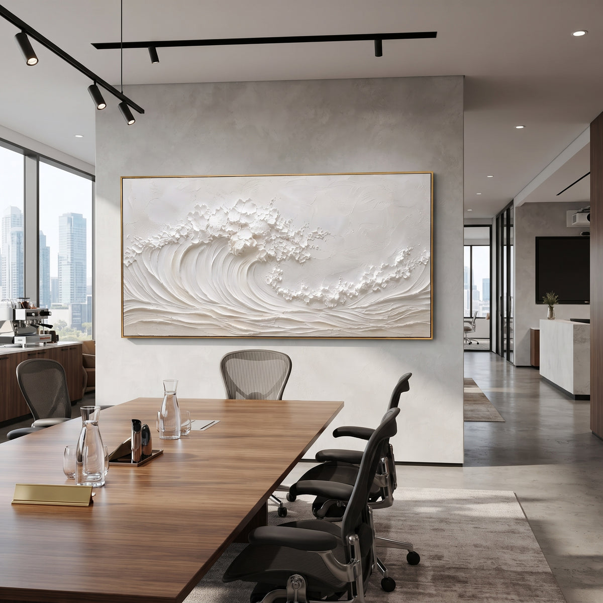 White Rolling Wave Relief focuses on this hand-painted panoramic textured canvas features an all-white curling ocean wave with raised foam, combed surf lines, and minimalist plaster texture across a calm neutral surface. The title and description are matched to the actual main image, so the visible subject, color balance, spacing, and surface movement stay specific to this product instead of using a repeated batch phrase. Raised palette-knife layers, sculpted impasto ridges, softened brush