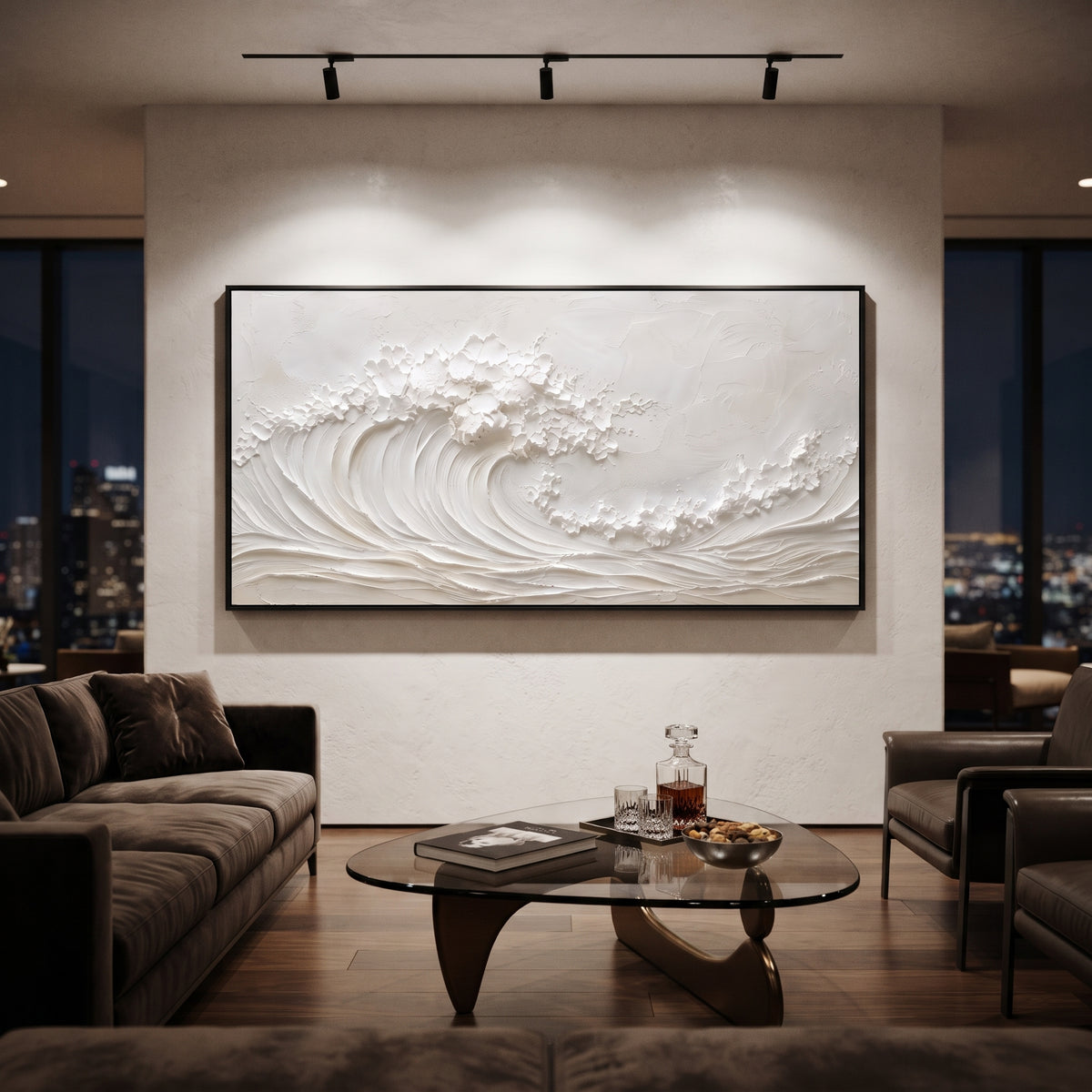 White Rolling Wave Relief focuses on this hand-painted panoramic textured canvas features an all-white curling ocean wave with raised foam, combed surf lines, and minimalist plaster texture across a calm neutral surface. The title and description are matched to the actual main image, so the visible subject, color balance, spacing, and surface movement stay specific to this product instead of using a repeated batch phrase. Raised palette-knife layers, sculpted impasto ridges, softened brush