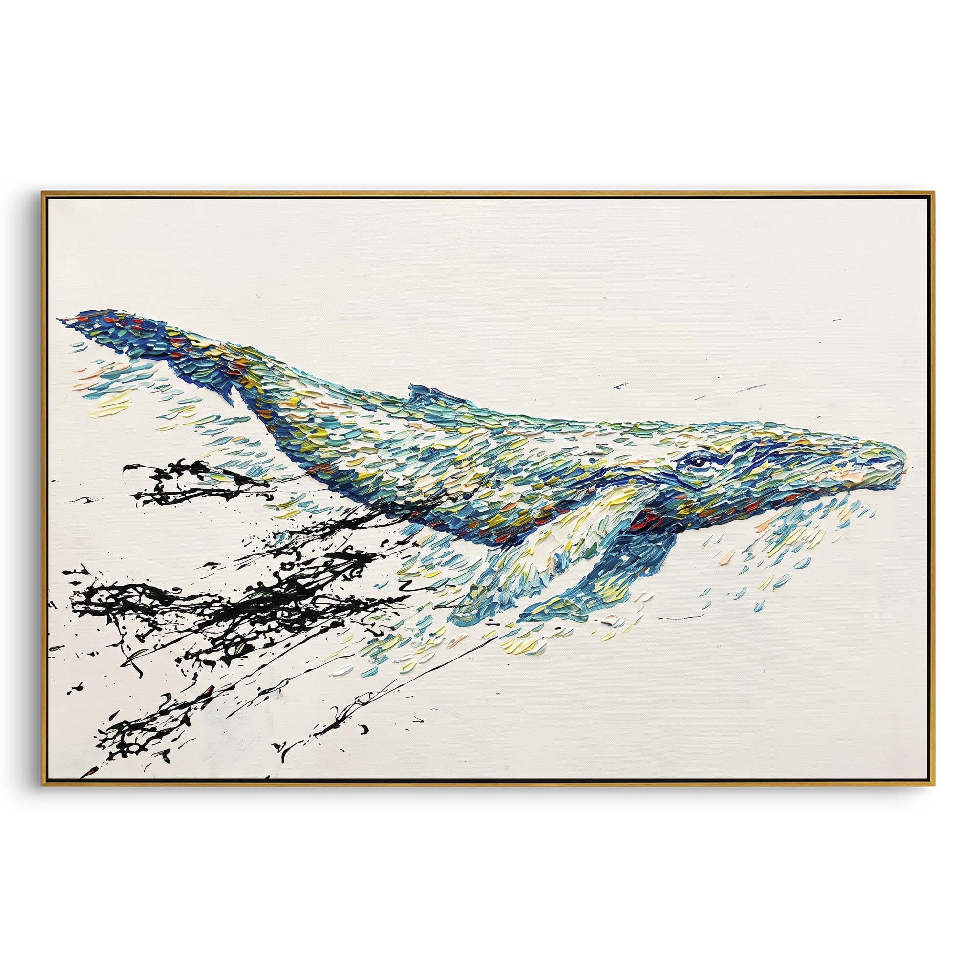 Colorful Whale Impasto focuses on this hand-painted horizontal textured canvas features a colorful whale form built from blue, teal, yellow, and red palette-knife strokes, with black splash-like marks on a clean white ground. The composition is described from the actual main image, so the visible subject, color balance, spacing, and surface movement stay specific to this product instead of reading like a batch title. Raised palette-knife layers, sculpted impasto ridges, softened brush