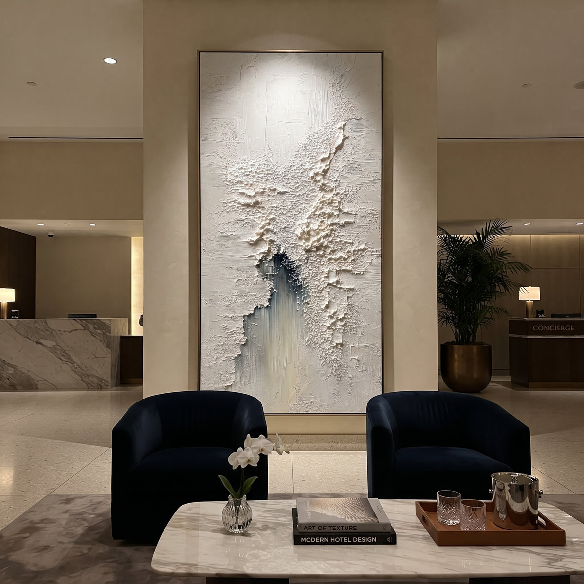 White Fragmented Plaster Relief focuses on this hand-painted vertical textured canvas features a mostly white fragmented plaster surface with raised cracked texture, fine scraped marks, and a muted blue-grey vertical accent. The composition is described from the actual main image, so the visible subject, color balance, spacing, and surface movement stay specific to this product instead of reading like a batch title. Raised palette-knife layers, sculpted impasto ridges, softened brush