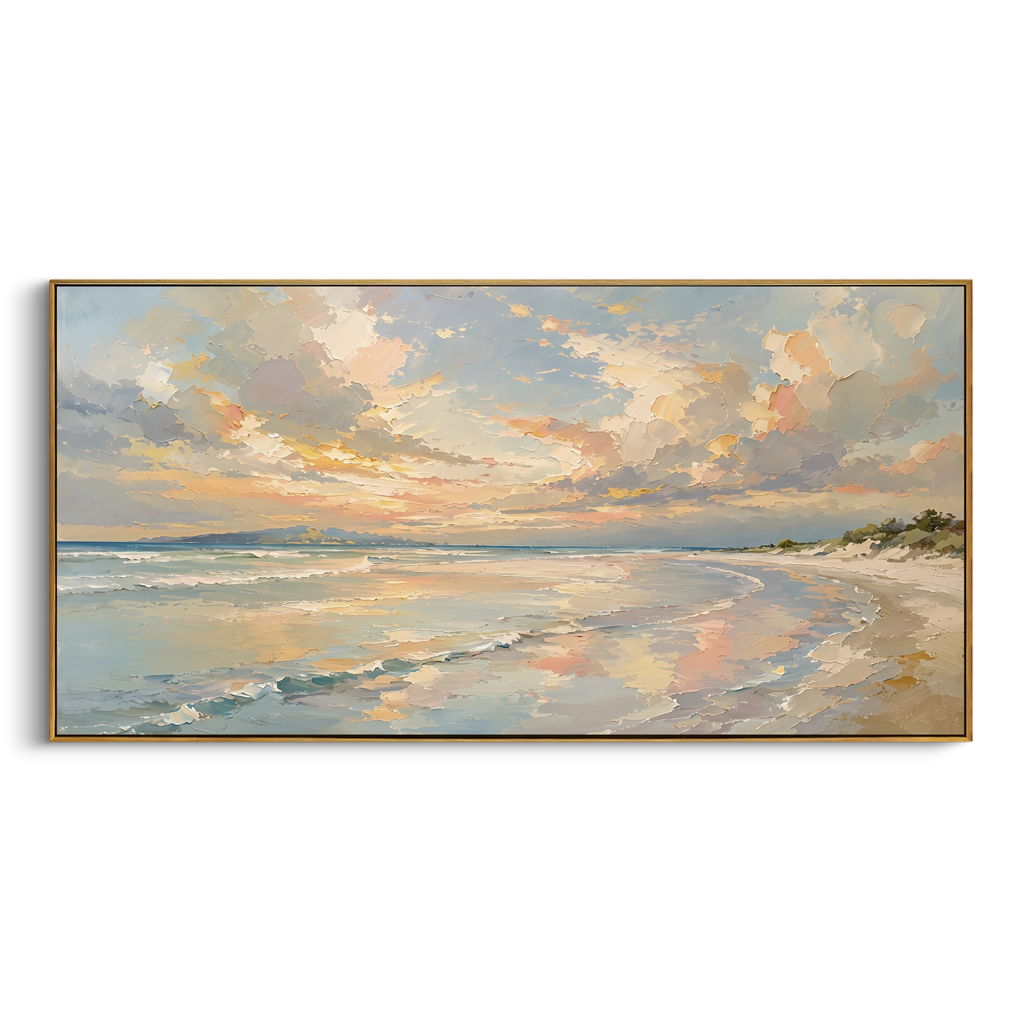 Pastel Beach Sunset Seascape focuses on this hand-painted panoramic textured canvas presents a soft beach sunset with pastel clouds, pale blue water, warm peach light, sandy shoreline, and layered impasto strokes. The composition is described from the actual main image, so the visible subject, color balance, spacing, and surface movement stay specific to this product instead of reading like a batch title. Raised palette-knife layers, sculpted impasto ridges, softened brush transitions, and