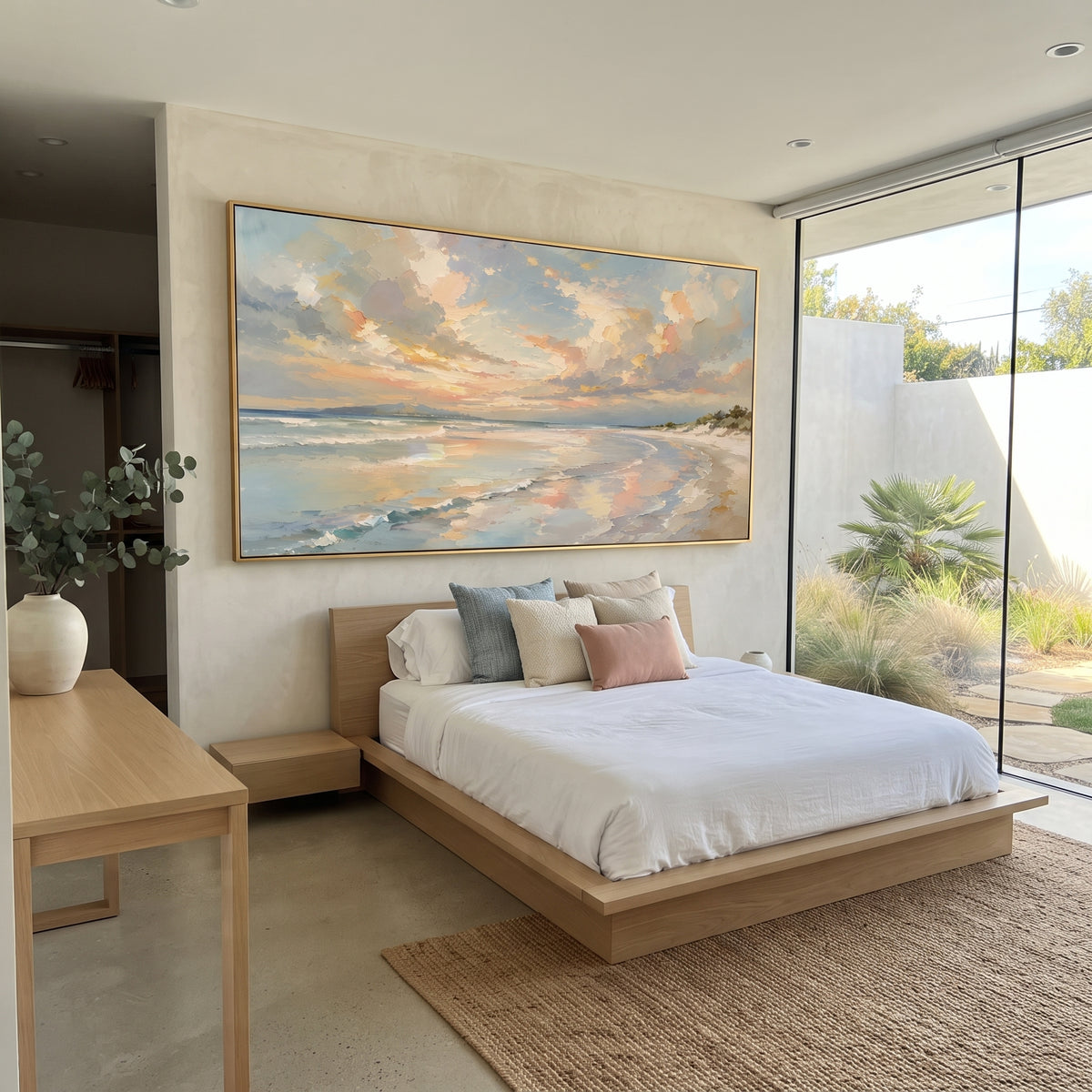 Pastel Beach Sunset Seascape focuses on this hand-painted panoramic textured canvas presents a soft beach sunset with pastel clouds, pale blue water, warm peach light, sandy shoreline, and layered impasto strokes. The composition is described from the actual main image, so the visible subject, color balance, spacing, and surface movement stay specific to this product instead of reading like a batch title. Raised palette-knife layers, sculpted impasto ridges, softened brush transitions, and