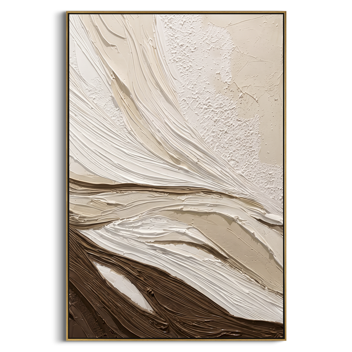 Brown White Flow Relief focuses on this hand-painted vertical textured canvas features sweeping white and warm brown carved plaster ridges, layered beige ground, and a dune-like abstract topographic flow. The composition is described from the actual main image, so the visible subject, color balance, spacing, and surface movement stay specific to this product instead of reading like a batch title. Raised palette-knife layers, sculpted impasto ridges, softened brush transitions, and tactile