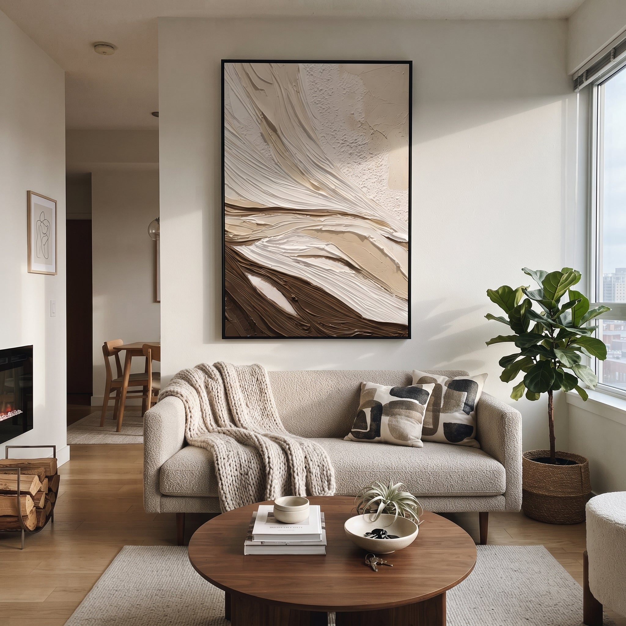 Brown White Flow Relief focuses on this hand-painted vertical textured canvas features sweeping white and warm brown carved plaster ridges, layered beige ground, and a dune-like abstract topographic flow. The composition is described from the actual main image, so the visible subject, color balance, spacing, and surface movement stay specific to this product instead of reading like a batch title. Raised palette-knife layers, sculpted impasto ridges, softened brush transitions, and tactile