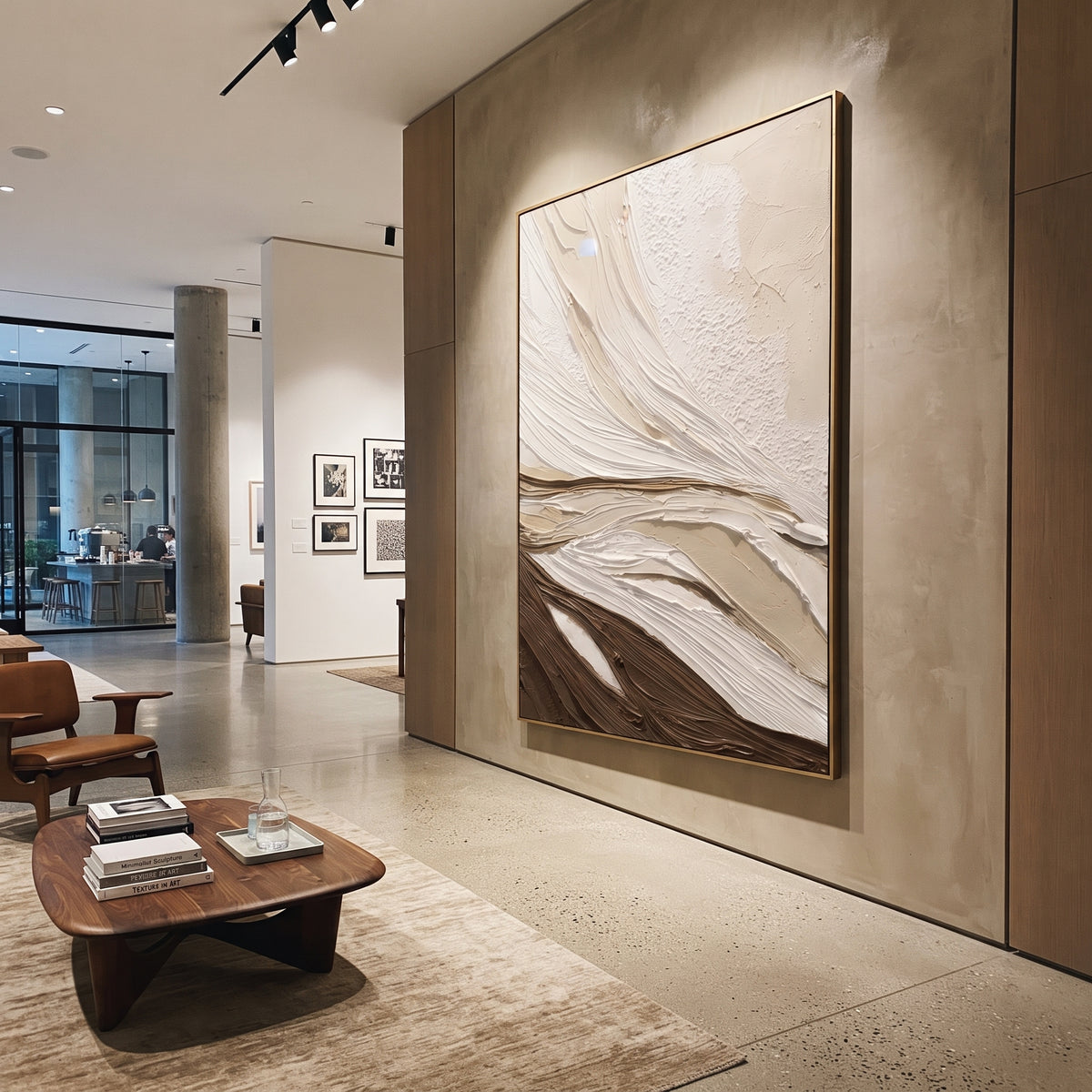 Brown White Flow Relief focuses on this hand-painted vertical textured canvas features sweeping white and warm brown carved plaster ridges, layered beige ground, and a dune-like abstract topographic flow. The composition is described from the actual main image, so the visible subject, color balance, spacing, and surface movement stay specific to this product instead of reading like a batch title. Raised palette-knife layers, sculpted impasto ridges, softened brush transitions, and tactile