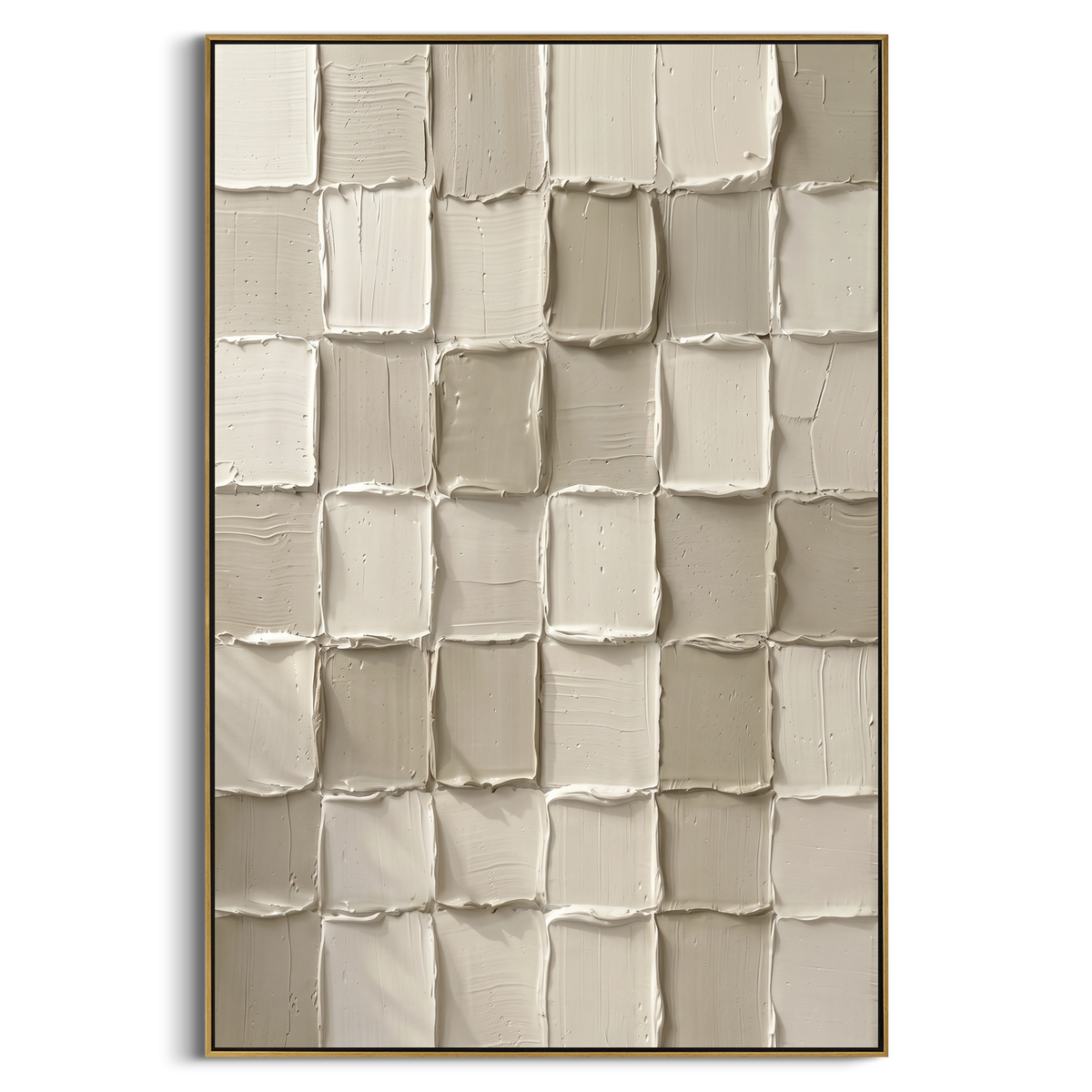Soft Neutral Flow Relief focuses on this hand-painted vertical textured canvas presents soft beige and ivory plaster movement, broad flowing ridges, and a calm abstract surface with warm neutral depth. The composition is described from the actual main image, so the visible subject, color balance, spacing, and surface movement stay specific to this product instead of reading like a batch title. Raised palette-knife layers, sculpted impasto ridges, softened brush transitions, and tactile handmade