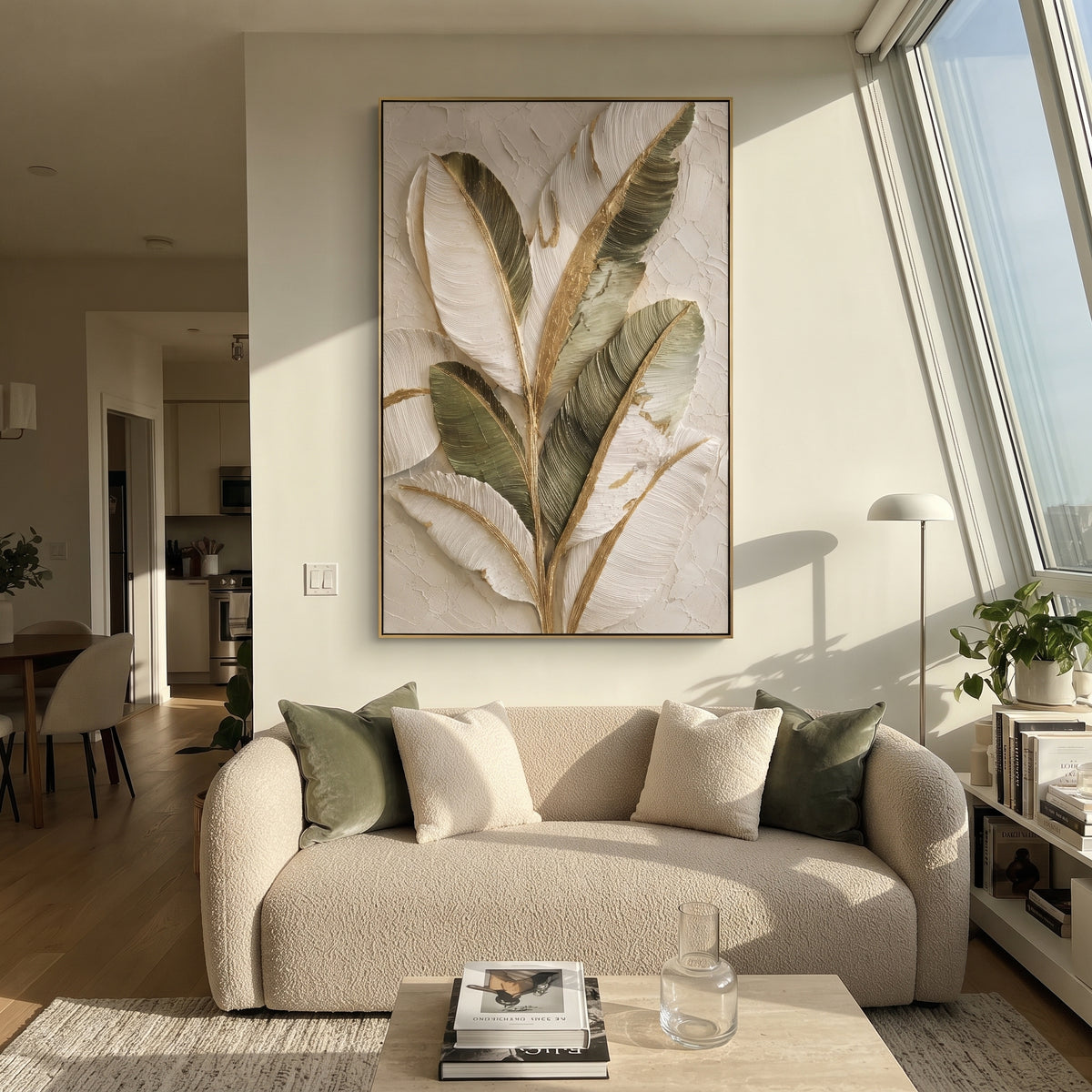 Warm Beige Plaster Relief focuses on this hand-painted vertical textured canvas features warm beige, ivory, and brown abstract plaster layers with raised knife marks and quiet sculptural surface movement. The composition is described from the actual main image, so the visible subject, color balance, spacing, and surface movement stay specific to this product instead of reading like a batch title. Raised palette-knife layers, sculpted impasto ridges, softened brush transitions, and tactile
