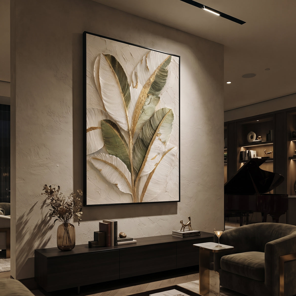 Warm Beige Plaster Relief focuses on this hand-painted vertical textured canvas features warm beige, ivory, and brown abstract plaster layers with raised knife marks and quiet sculptural surface movement. The composition is described from the actual main image, so the visible subject, color balance, spacing, and surface movement stay specific to this product instead of reading like a batch title. Raised palette-knife layers, sculpted impasto ridges, softened brush transitions, and tactile