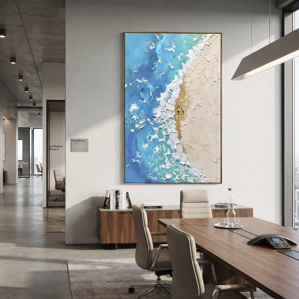 Blue Coastal Wave Relief focuses on this hand-painted vertical textured canvas presents blue and white coastal wave movement with raised foam, beige undertones, and layered palette-knife sea texture. The composition is described from the actual main image, so the visible subject, color balance, spacing, and surface movement stay specific to this product instead of reading like a batch title. Raised palette-knife layers, sculpted impasto ridges, softened brush transitions, and tactile handmade