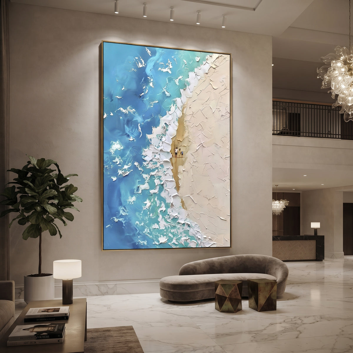 Blue Coastal Wave Relief focuses on this hand-painted vertical textured canvas presents blue and white coastal wave movement with raised foam, beige undertones, and layered palette-knife sea texture. The composition is described from the actual main image, so the visible subject, color balance, spacing, and surface movement stay specific to this product instead of reading like a batch title. Raised palette-knife layers, sculpted impasto ridges, softened brush transitions, and tactile handmade