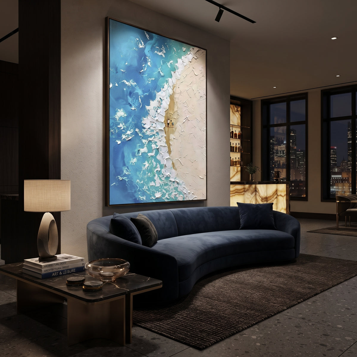 Blue Coastal Wave Relief focuses on this hand-painted vertical textured canvas presents blue and white coastal wave movement with raised foam, beige undertones, and layered palette-knife sea texture. The composition is described from the actual main image, so the visible subject, color balance, spacing, and surface movement stay specific to this product instead of reading like a batch title. Raised palette-knife layers, sculpted impasto ridges, softened brush transitions, and tactile handmade