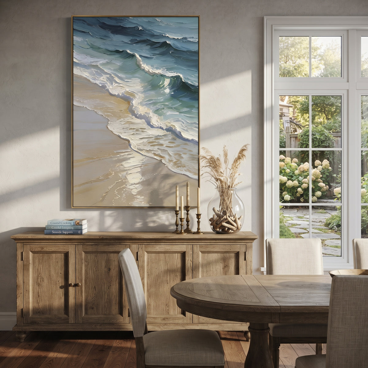 Vivid Ocean Wave Relief focuses on this hand-painted vertical textured canvas features vivid blue ocean waves, thick white surf, warm highlights, and expressive raised impasto movement. The composition is described from the actual main image, so the visible subject, color balance, spacing, and surface movement stay specific to this product instead of reading like a batch title. Raised palette-knife layers, sculpted impasto ridges, softened brush transitions, and tactile handmade texture give the