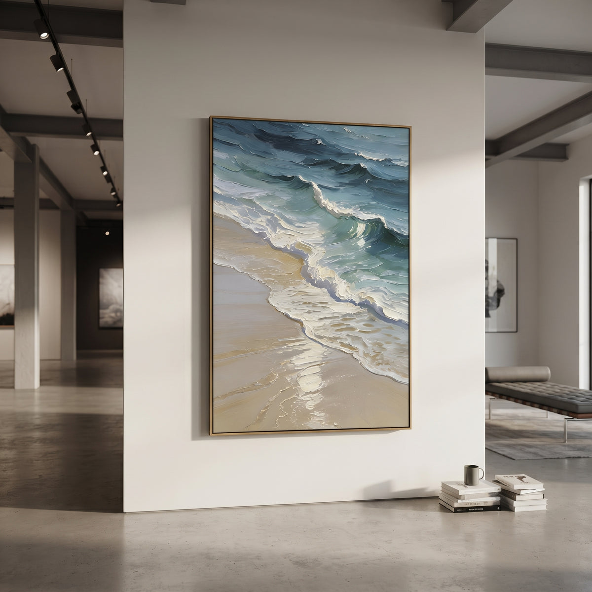 Vivid Ocean Wave Relief focuses on this hand-painted vertical textured canvas features vivid blue ocean waves, thick white surf, warm highlights, and expressive raised impasto movement. The composition is described from the actual main image, so the visible subject, color balance, spacing, and surface movement stay specific to this product instead of reading like a batch title. Raised palette-knife layers, sculpted impasto ridges, softened brush transitions, and tactile handmade texture give the