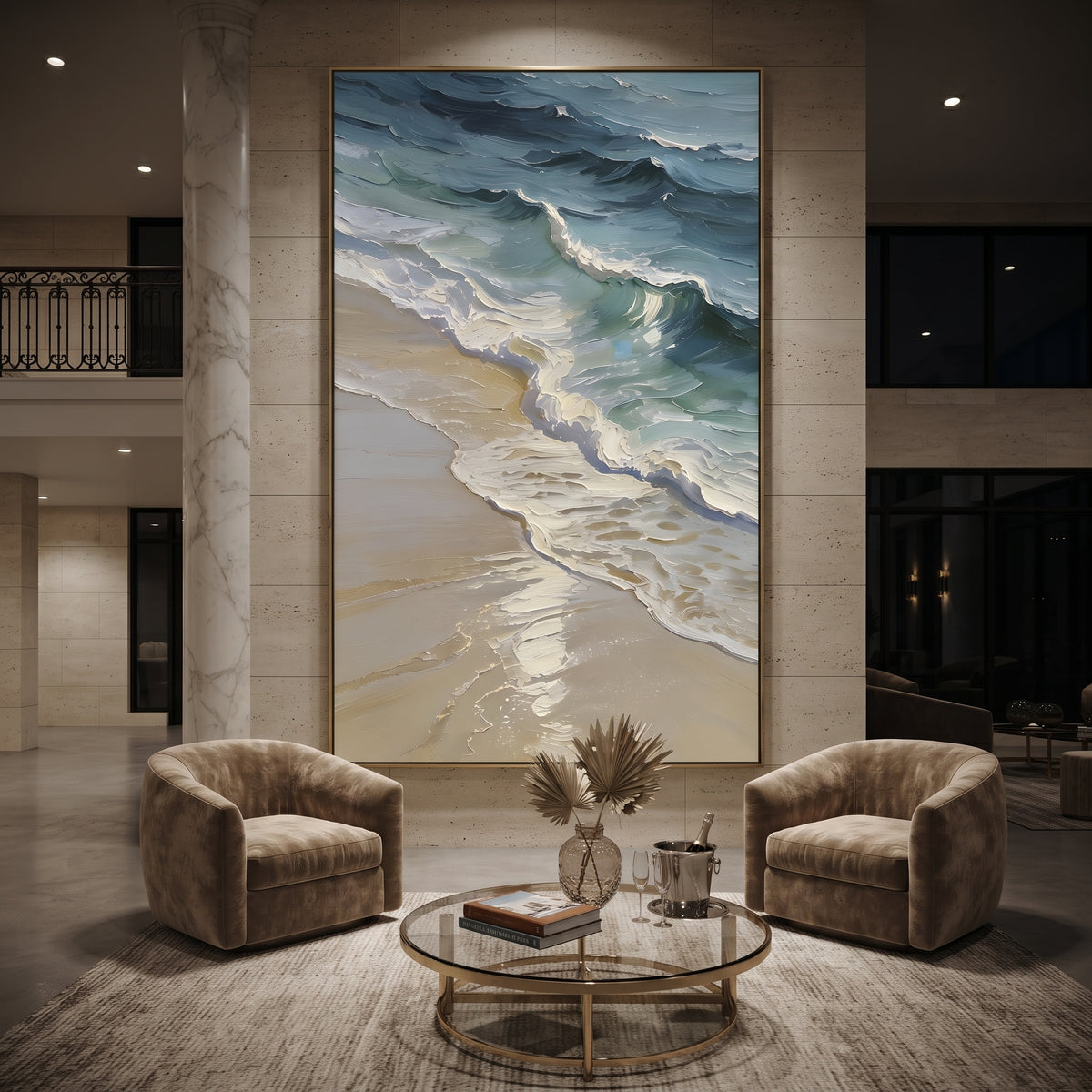 Vivid Ocean Wave Relief focuses on this hand-painted vertical textured canvas features vivid blue ocean waves, thick white surf, warm highlights, and expressive raised impasto movement. The composition is described from the actual main image, so the visible subject, color balance, spacing, and surface movement stay specific to this product instead of reading like a batch title. Raised palette-knife layers, sculpted impasto ridges, softened brush transitions, and tactile handmade texture give the