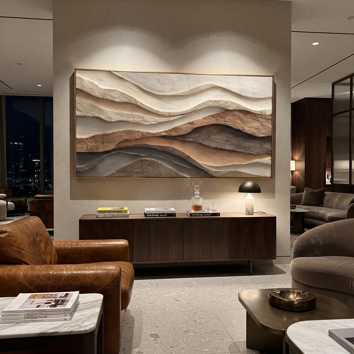 Warm Layered Terrain Relief focuses on this hand-painted panoramic textured canvas presents warm orange-brown, black, beige, and ivory plaster layers with carved terrain-like movement and raised abstract depth. The composition is described from the actual main image, so the visible subject, color balance, spacing, and surface movement stay specific to this product instead of reading like a batch title. Raised palette-knife layers, sculpted impasto ridges, softened brush transitions, and tactile